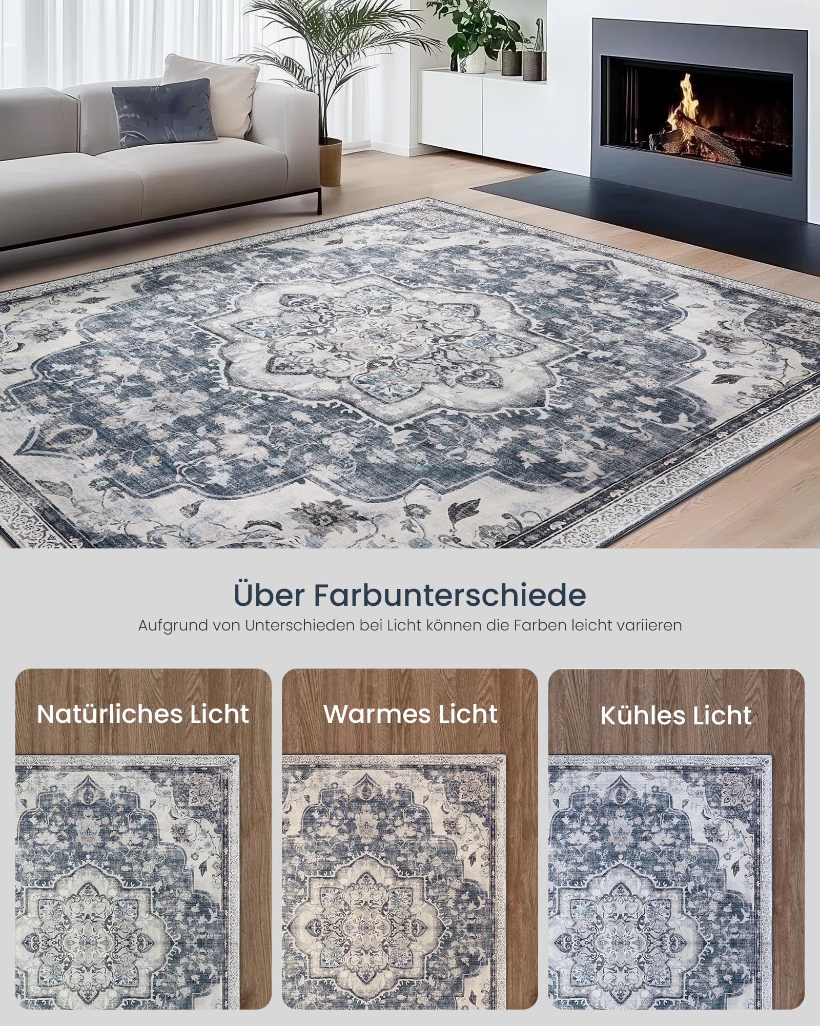 SONGMICS Vintage Teppich, 160 x 230 cm, Wohnzimmerteppich, Schlafzimmerteppich, Waschbarerteppich, Rutschfester Teppich, für Küche, Flur, Esszimmer, Taubengrau TAR033G01