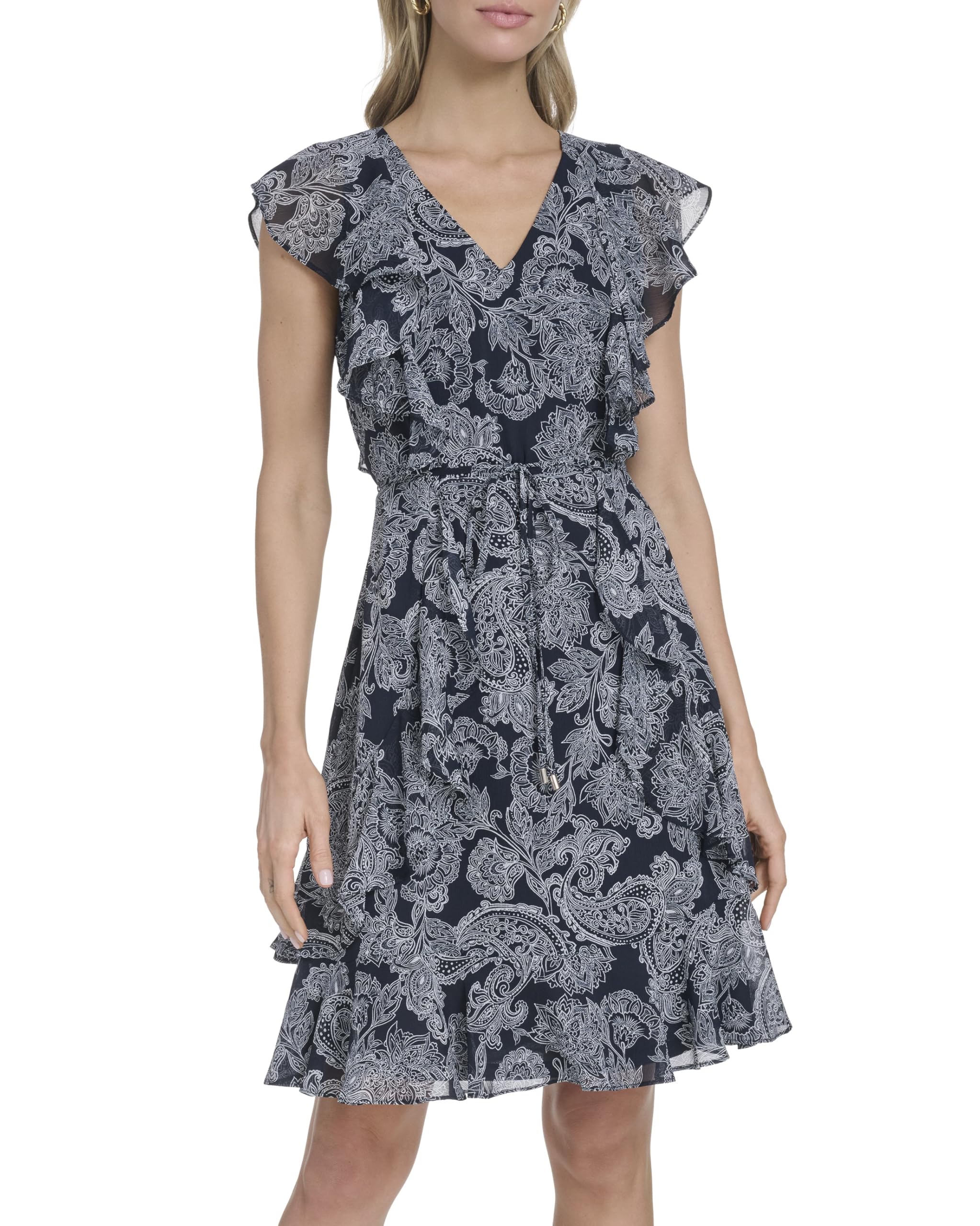 Tommy Hilfiger Women's Sleeveless V-Neck Ruffle Trim Tie Waist Chiffon Mini Dress