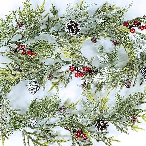 Miniatura 2 de Winlyn Paquete de 2 guirnaldas de Navidad artificiales nevadas de pino y cedro de 6 pies, conos de pino, bayas rojas, guirnalda de vegetación de