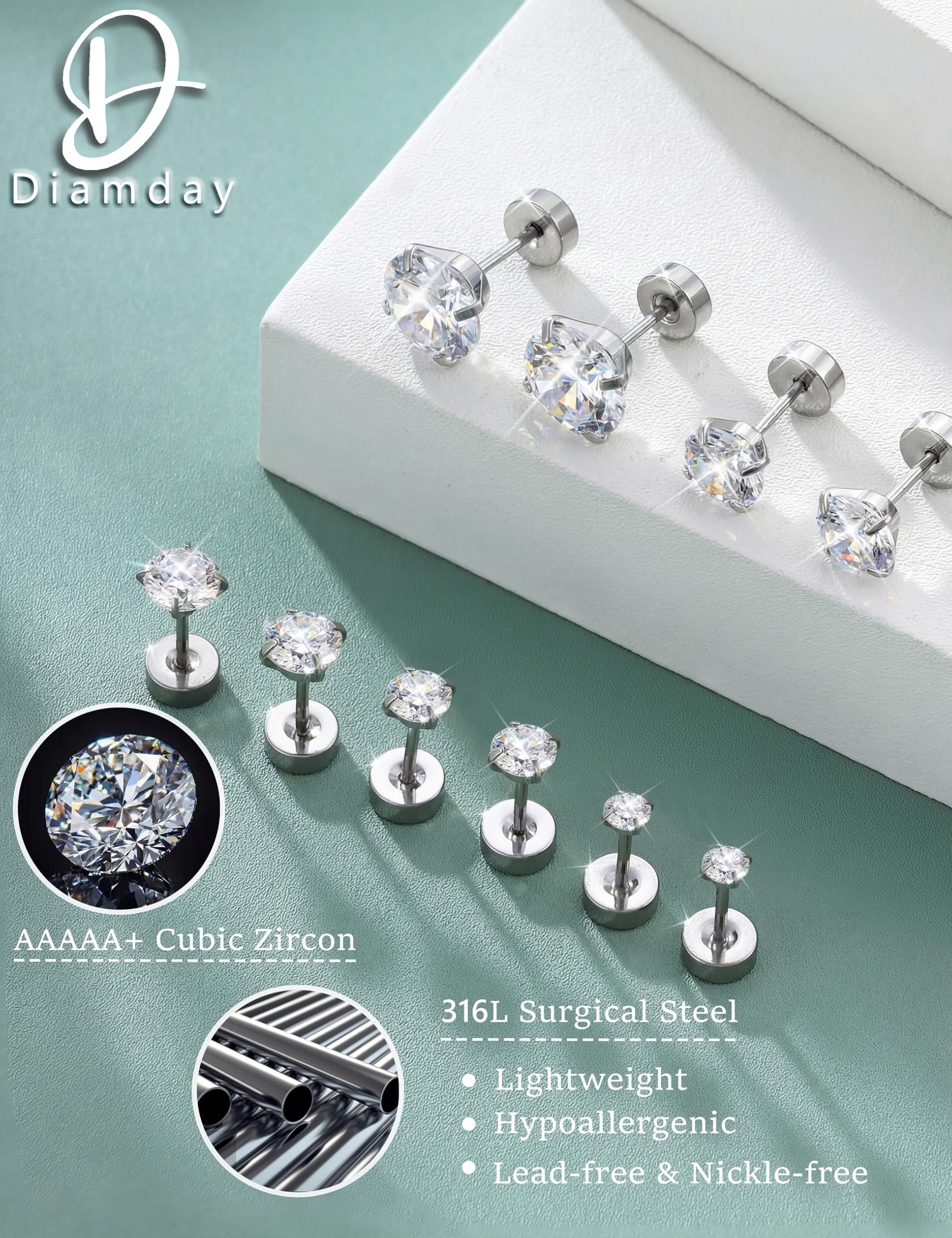 Diamday 6 paia di orecchini a cartilagine 20G per donne uomini ragazze 2-5mm Flat Back Earring Set 316L acciaio chirurgico Tragus CZ Small Helix Piercing Gioielli Ipoallergenici