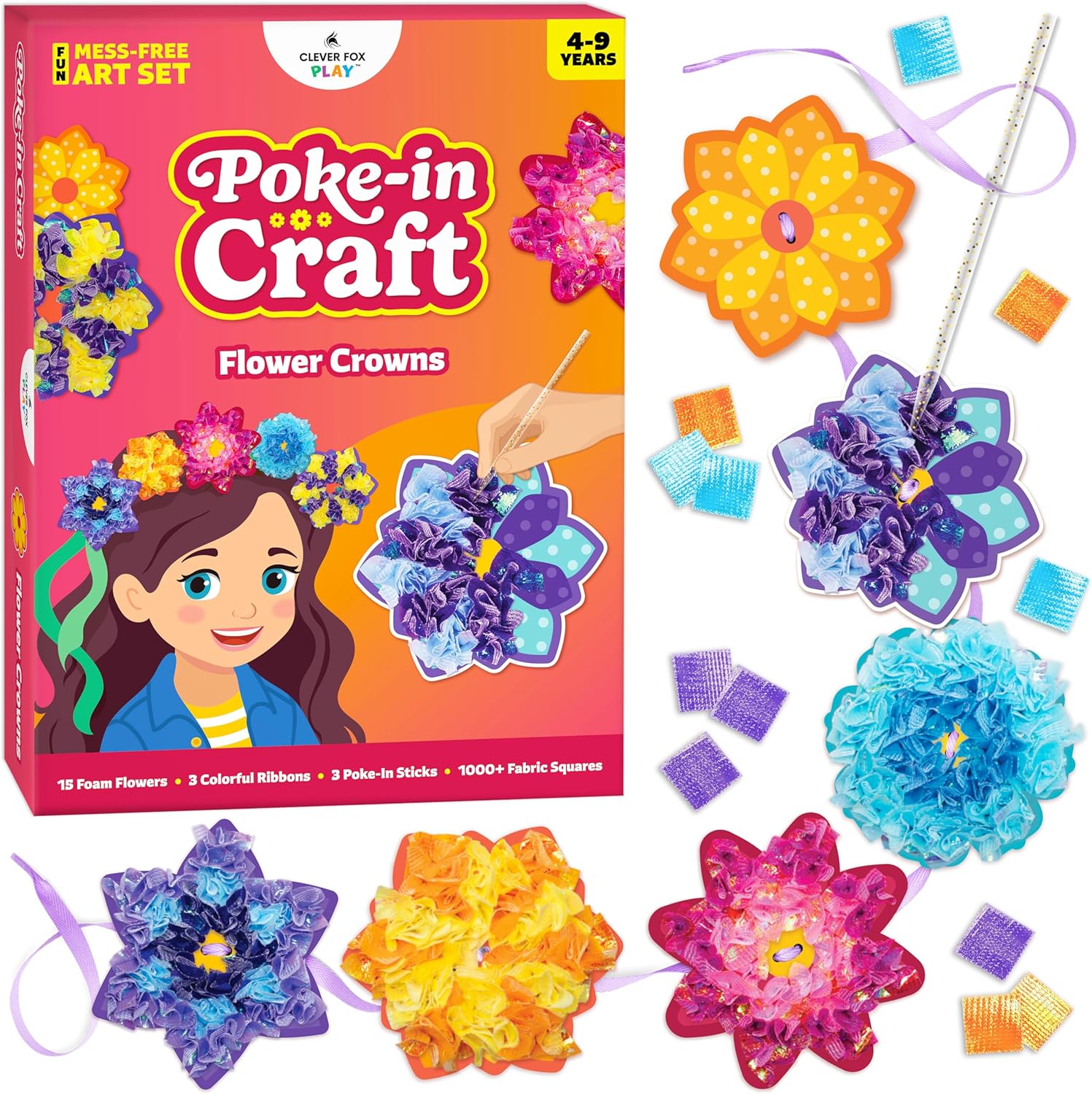 Poke-In Craft Flower Crowns Kit for Kids Ages 4-9 – Mess-Free Poke It Art Set with 15 Foam Flowers & 1000+ Fabric Squares for Girls, Boys & Toddlers –Chidrens Punch Craft & Tufting Kit for 4 Year Old+