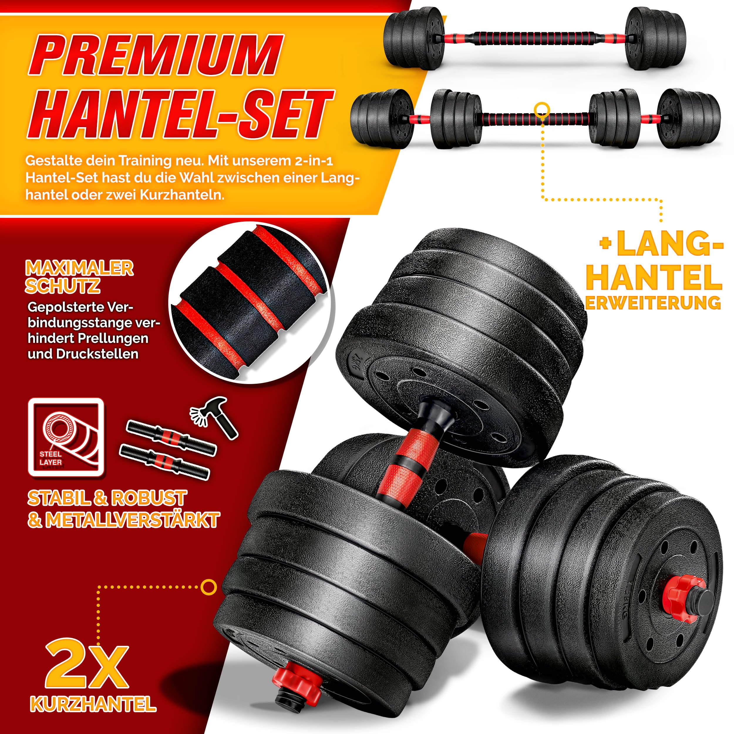RE:SPORT 2 in 1 Hanteln Set 15-30kg | Hantelset verstellbar | Kurzhantel & Langhantel | Sternverschlüsse & Verbindungsrohr