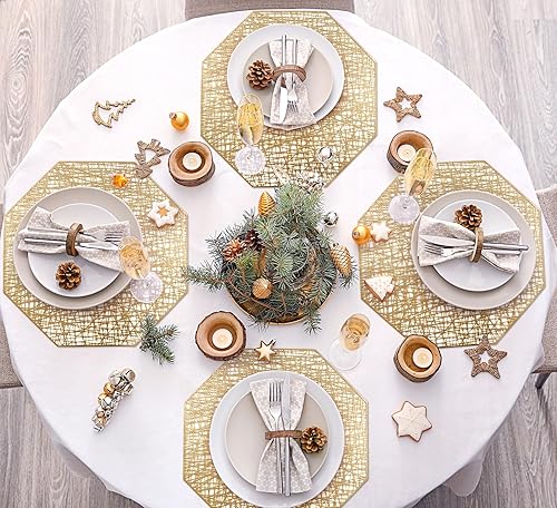 Miniatura 9 de Juego de 6 manteles individuales huecos octogonales de lujo europeos ligeros con aislamiento térmico, tapetes de vinilo lavables, aislantes,