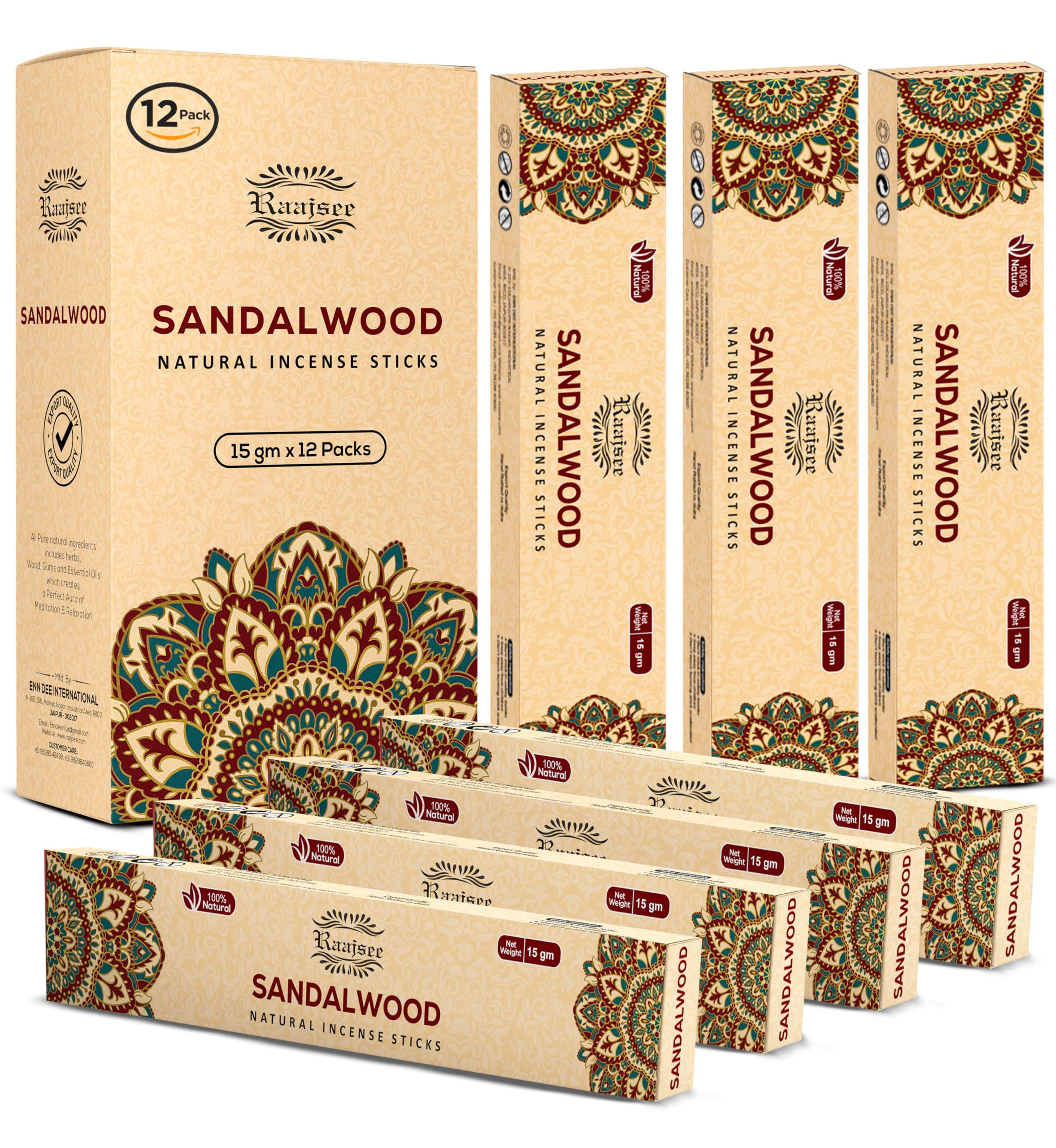 raajseeIncense Sticks 12 Pack Set 15gm Each, -100% Organic Hand Rolled- Perfect for Church,Aromatherapy,Relaxation Meditation (Sandalwood)