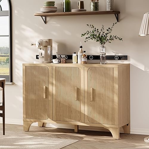 Gabinete de buffet acanalado moderno de mediados de siglo con almacenamiento, aparador decorativo y armario de almacenamiento de credenza con