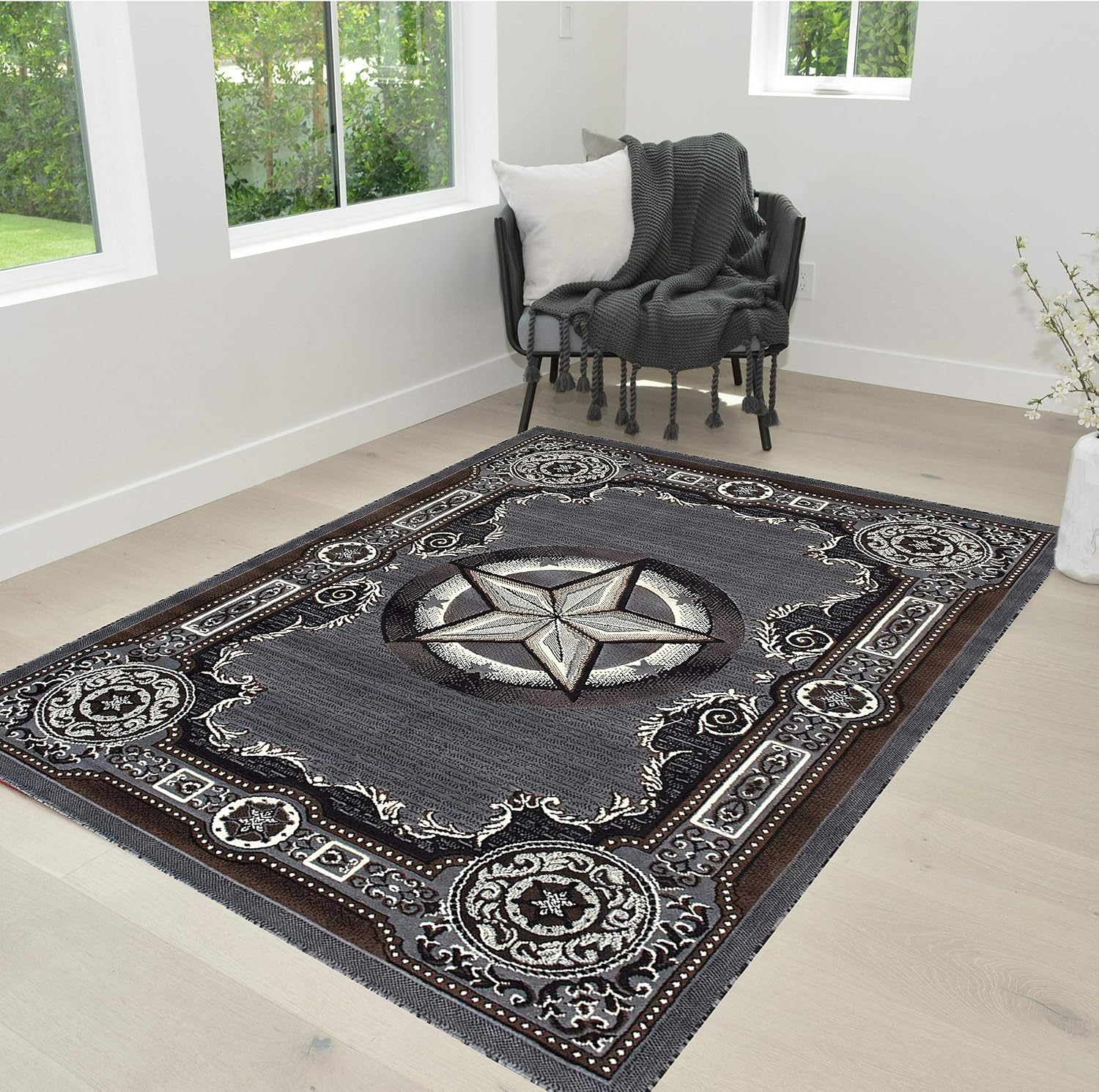 HR Texas Star Rug Traditional Accent Rug in Gray with Ivory Western Design Navajo Bohemian Rug