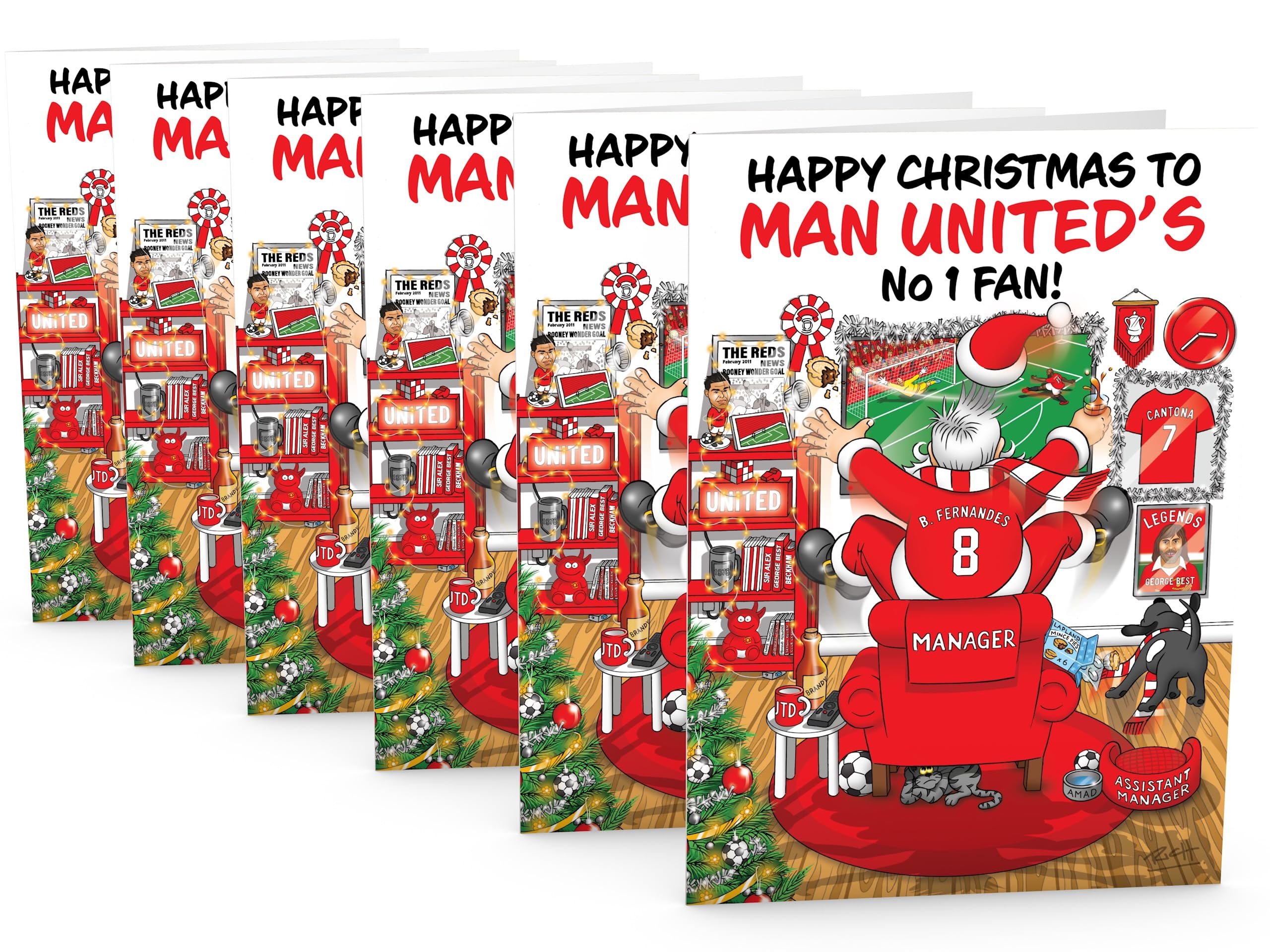 Football Christmas Card for Man Utd Fans Pack of 6 Cards Santa Jumping Out of Chair to Support Team Funny Rear of Card Showing Rudolph Supporting Rival Club Large A5 Made in UK