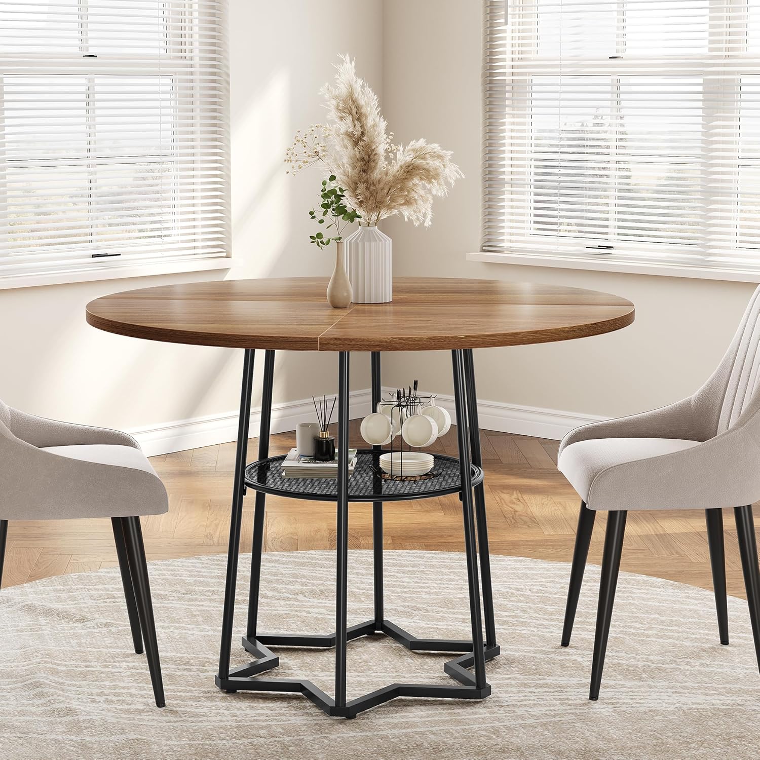 Round Dining Table Circle Storage Round Mesh Storage Rack Hexagonal Metal Base - Picture 9 of 18