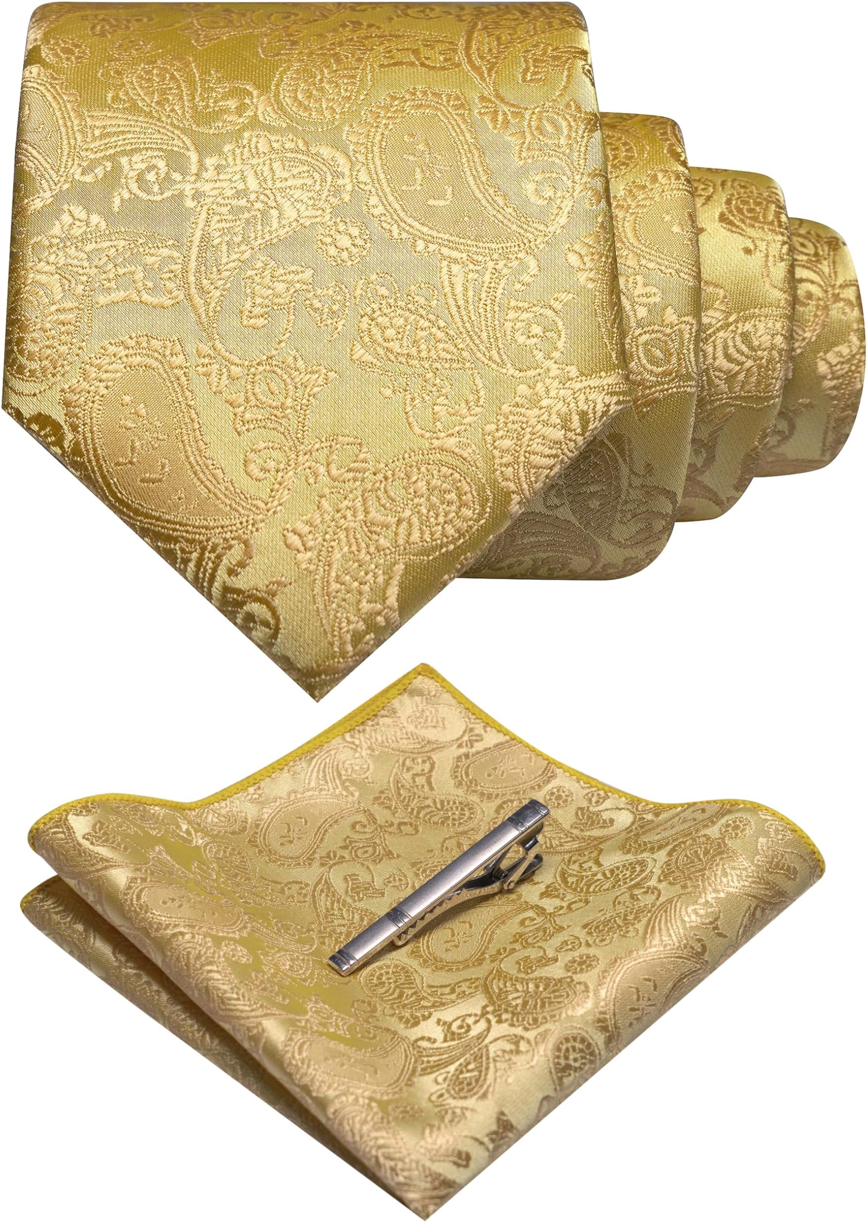 Mens Solid Color Paisley Necktie and Pocket Square with Tie Clip Sets