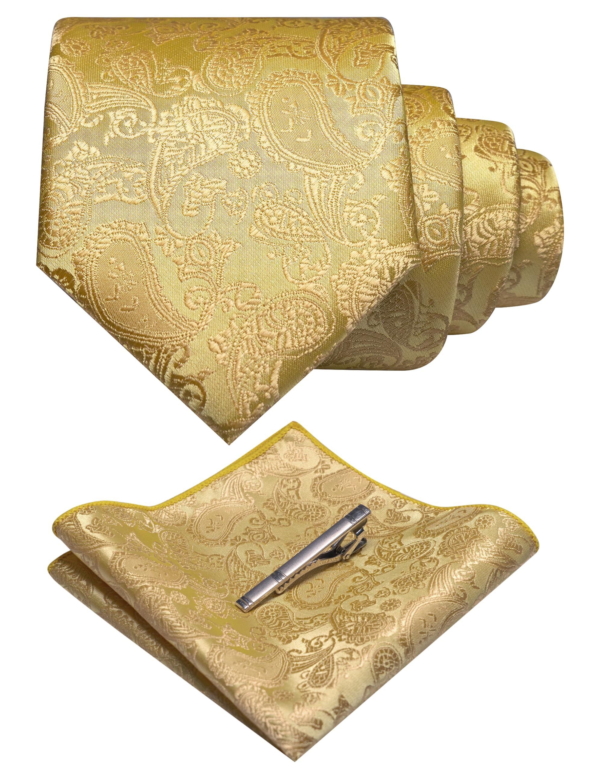 JEMYGINSMens Solid Color Paisley Necktie and Pocket Square with Tie Clip Sets