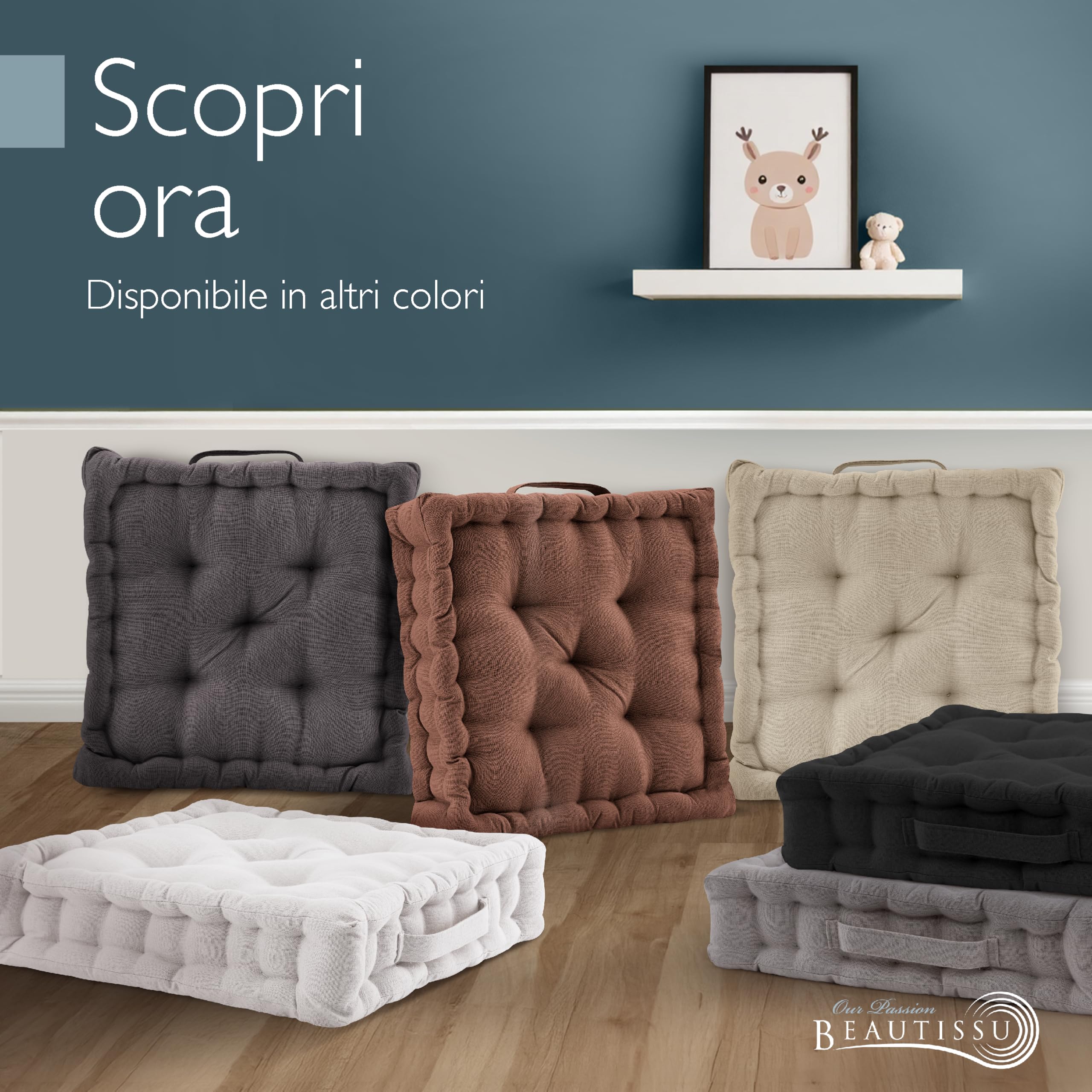Beautissu set di 4 cuscini da pavimento in 100% cotone con maniglia spesso | 50x50cm 10cm marrone materasso per sedia da interno ed esterno cuscino seduta trapuntato Mila