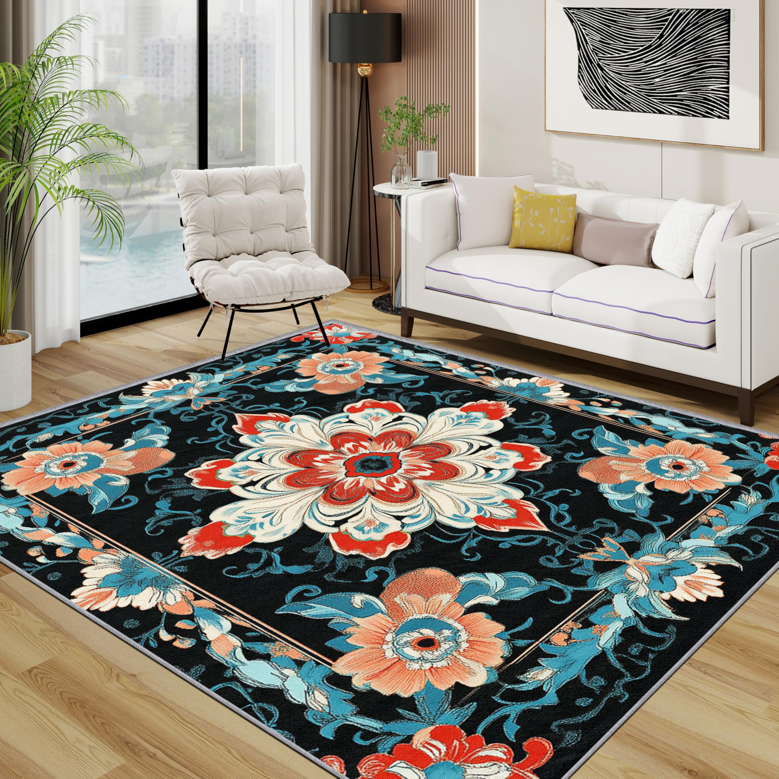 TerroVee Vintage Rugs Living Room Large 200x300 - Luxury Classic Floral Pattern Bedroom Rug, Traditional Washable Non Slip Low Pile Carpet, Vintage Home Decor