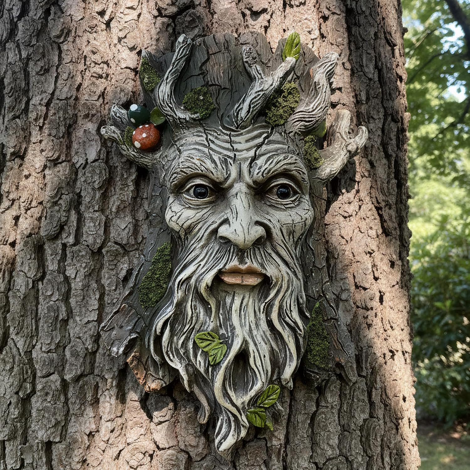 Elenon Old Man Tree Face Statue for Outdoor, Hand Painted Garden Decor Tree Hugger with Mushroom Whimsical Yard Art Sculpture Gift