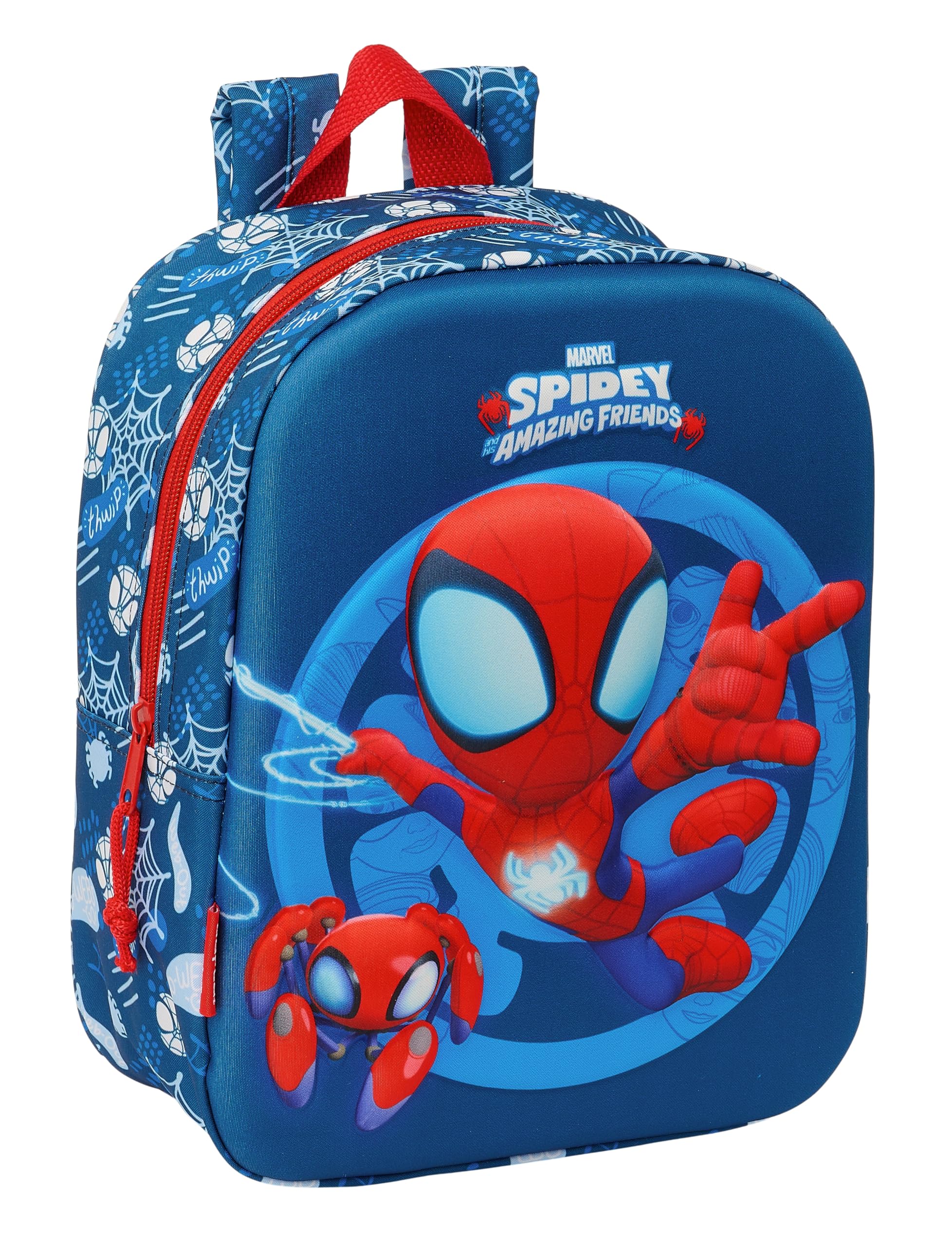 Safta SPIDEY 3D - Mochila de Guardería 3D, Adaptable a Carro, Fácil Limpieza, Ideal para Niños de Diferentes Edades, Cómoda y Versátil, Calidad y Resistencia, 22x10x27 cm, Color Azul marino/rojo
