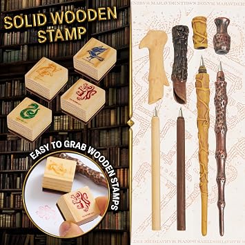 Harry Potter Stationary Set for Boys Girls with 4 Wand Pens Black Ink Marauders Map Hogwarts House Stamp Kit Cute School Supplies Gifts for Kids