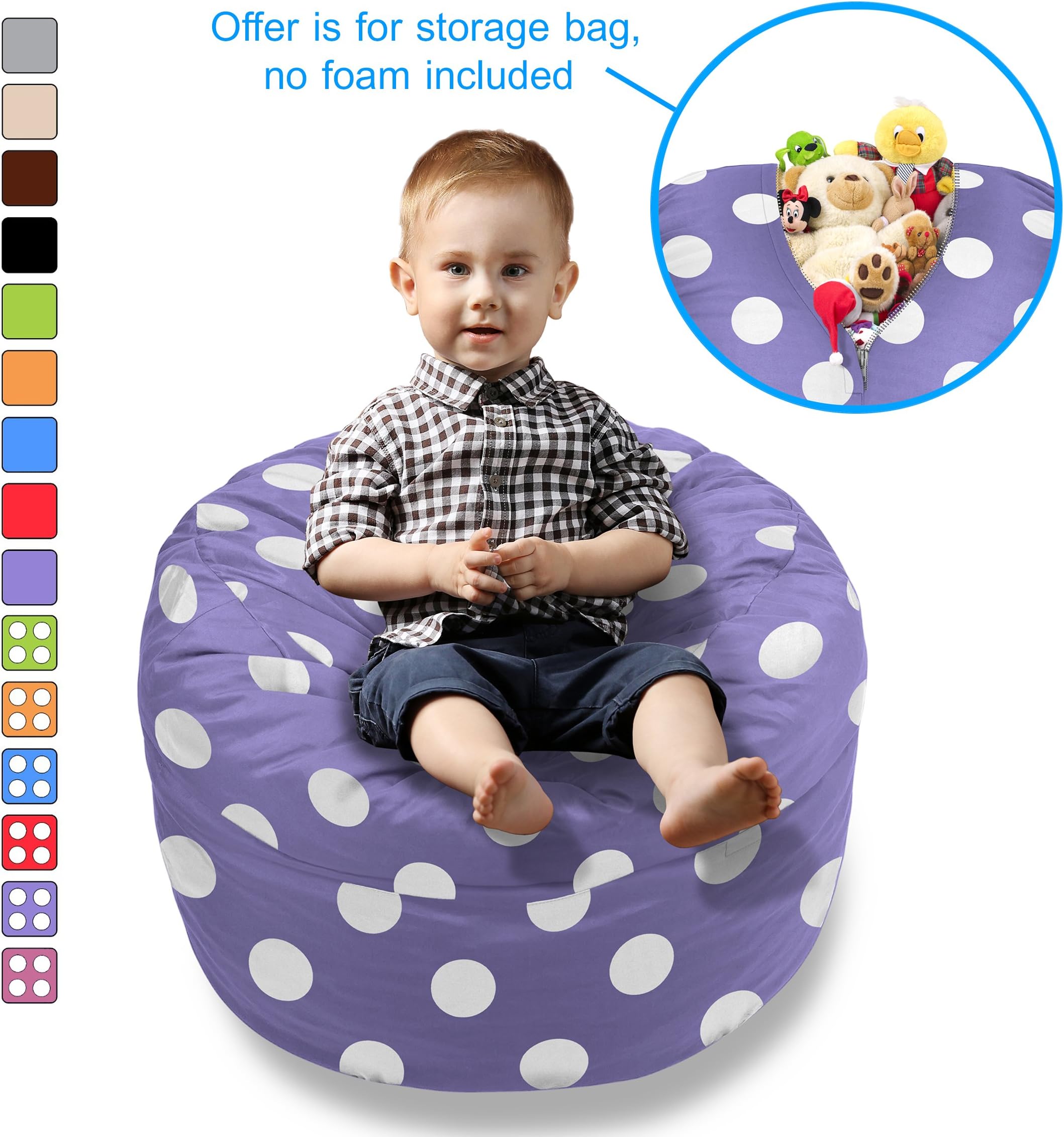 BeanBob Bean Kids Stuffed Animal Bag Chair-Pouf Ottoman for Toy Storage 2ft Purple w/Polka Dots, Small/2',