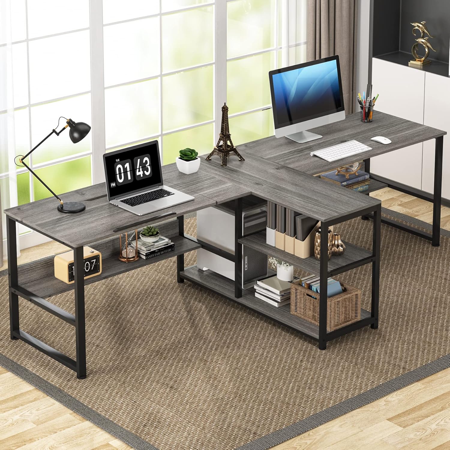 Amazon.com: Tribesigns 94.5 inch Two Person Desk with Storage Shelves ...