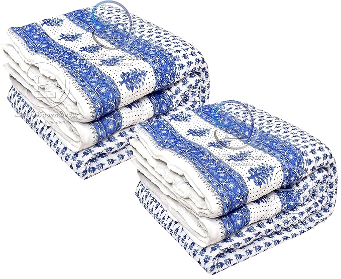 LushHavenDecor Single Bed Jaipuri Razai ac Blanket Flower Print with Border Design Cotton Single Bed Rajai Reversible dohar Quilt 55x85 Inch Set of 2, Blue