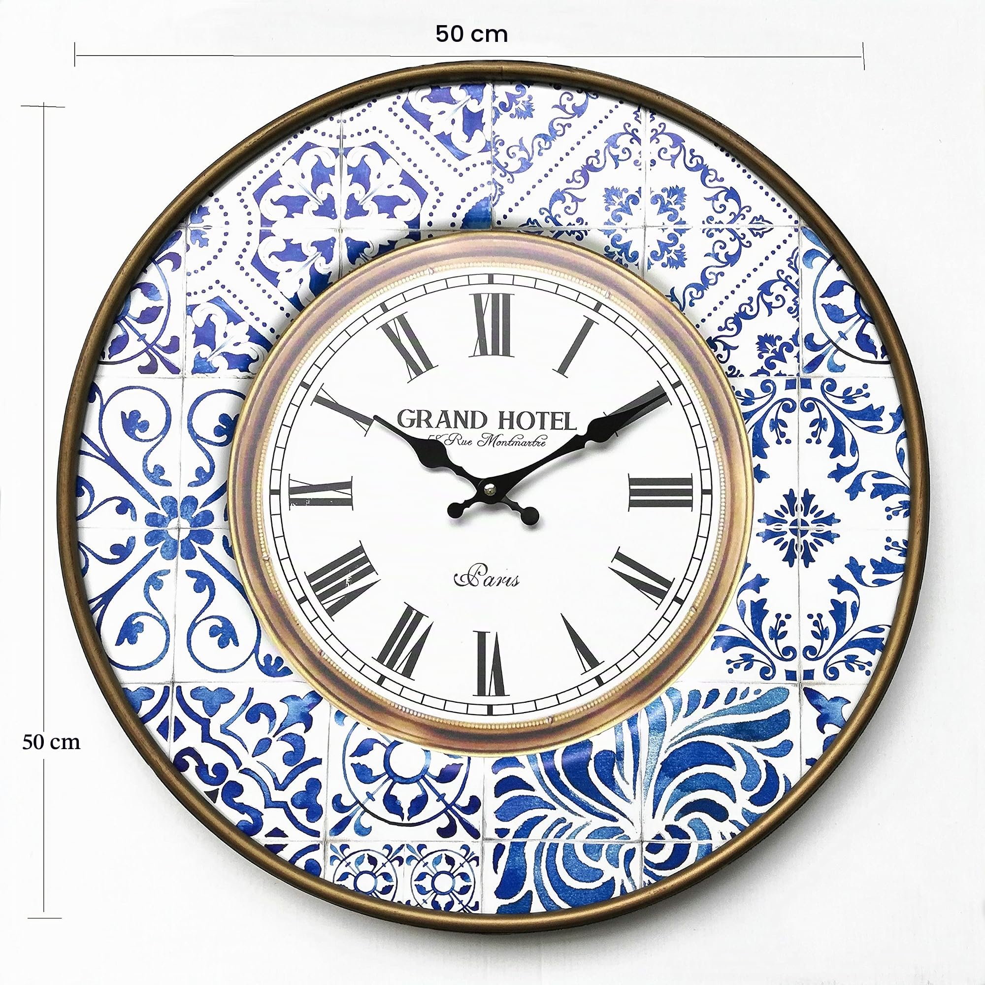 Rebecca Mobili Orologio da Appendere, Orologi da Muro Rotondo, Metallo, Bianco Marrone Blu, Stile Vintage - Diametro 50 cm x 4,5 cm - Art. RE6383