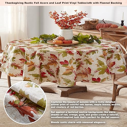 Miniatura 2 de Newbridge Mantel de vinilo rústico con estampado de bellota y hojas de otoño, mantel de vinilo con reverso de franela, 60 x 84 pulgadas, ovalado de