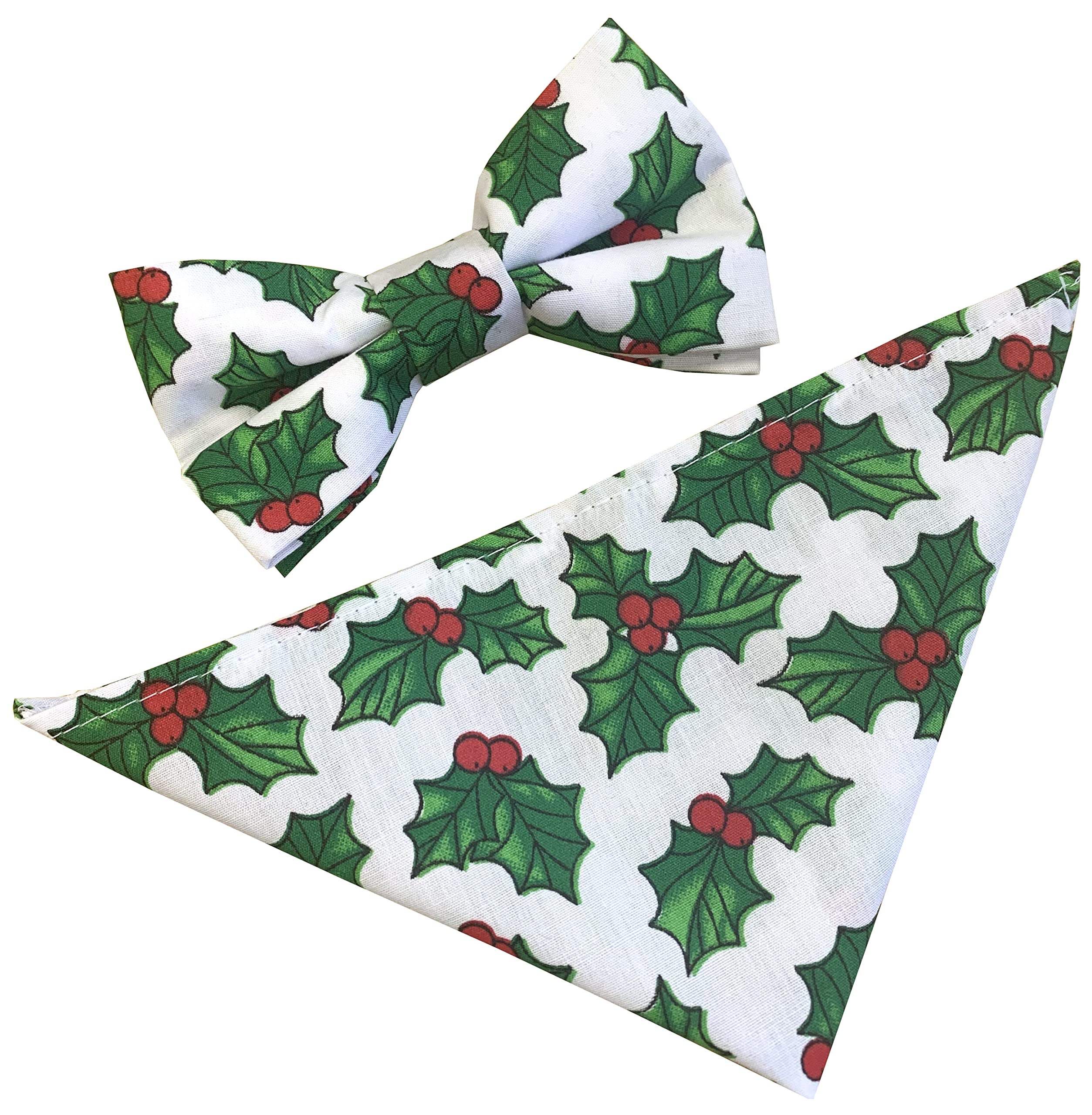 Men's Festive White Holly Cotton Christmas Bow Tie & Hanky Set