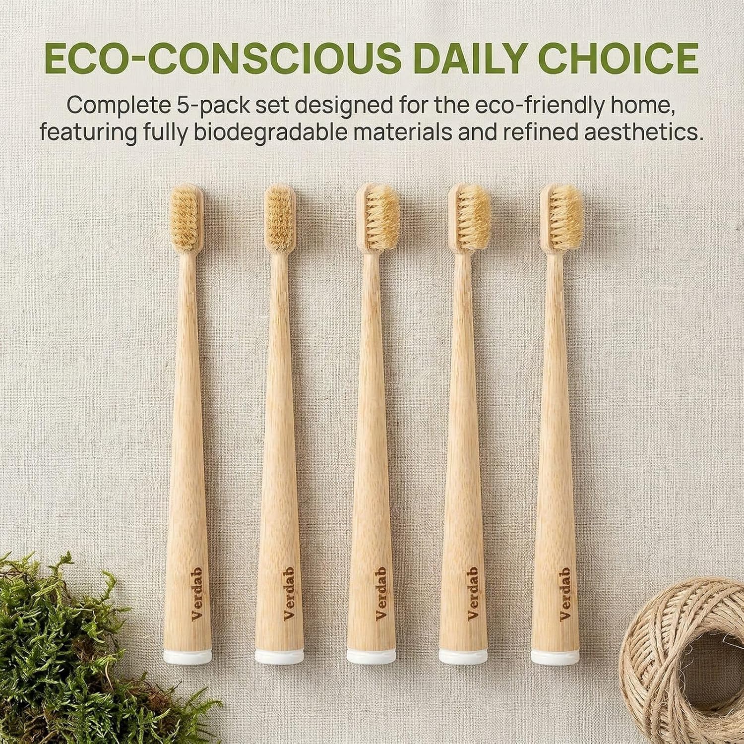 Boar Bristle Bamboo Toothbrush (5-Pack) - Natural Premium Wild Boar Bristles - 100% Biodegradable & Eco-Friendly - No Plastic, No Nylon - Self-Standing Design - Natural Toothbrushes