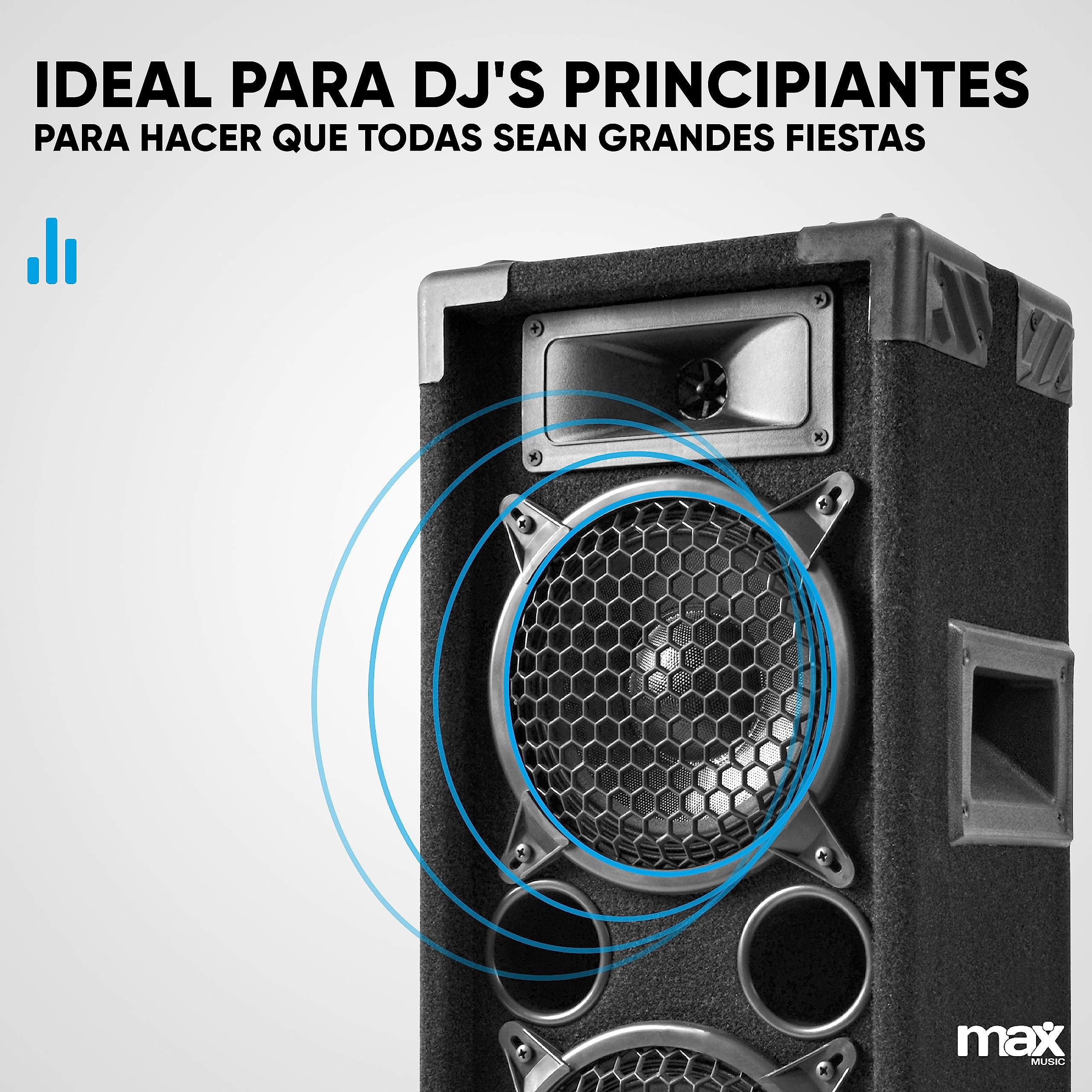 MAX26 + SPL700 – Sistema de Sonido DJ 700W con 2 Altavoces, Amplificador y Cable de 10m – Compatible con mezcladores, Controladores Midi, Smartphones y más – Potente y fácil de Instalar