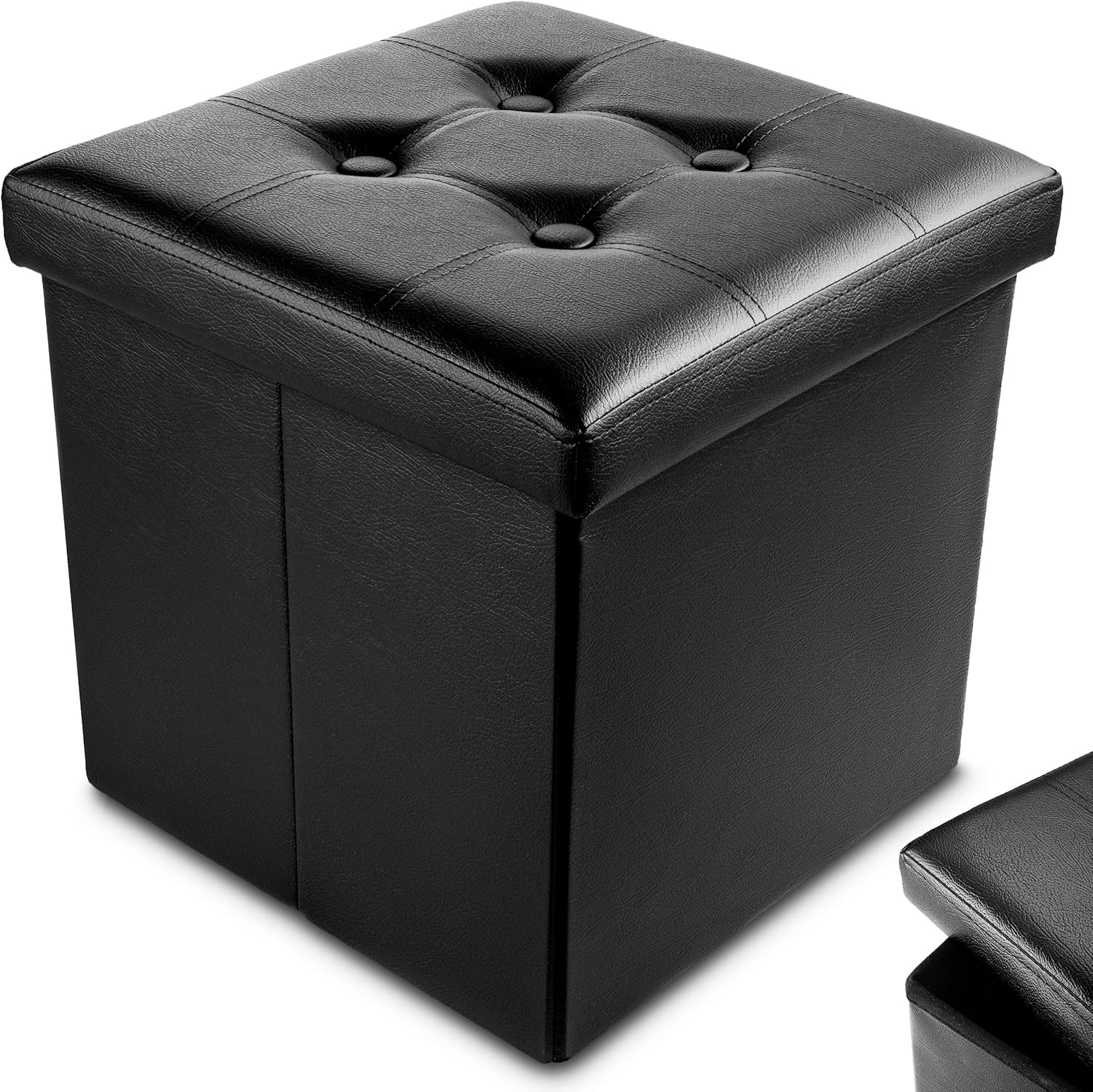 Nyxi Faux Leather 38 * 38 * 38cm Black Ottoman Foldable Storage Boxes