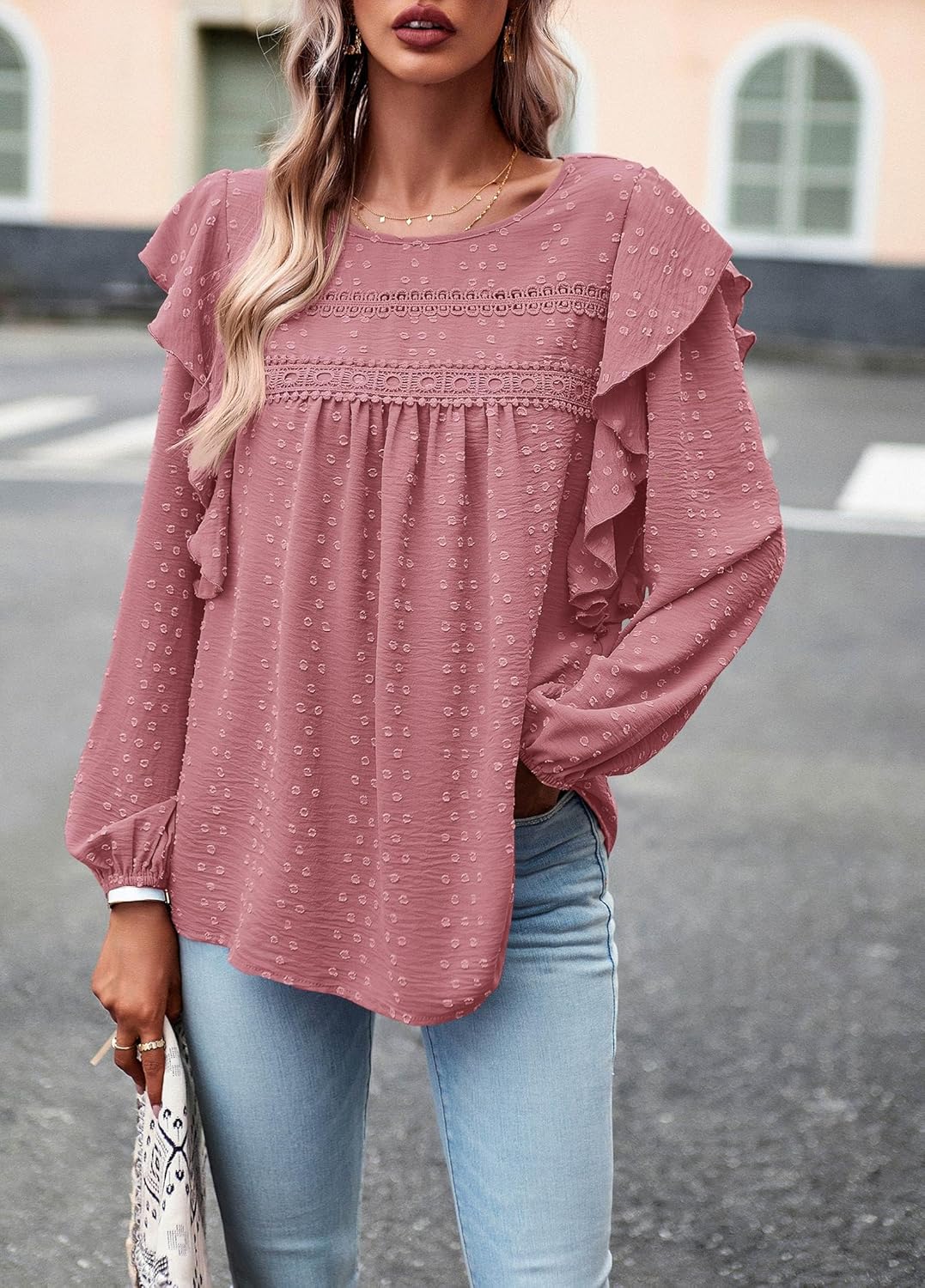 PRETTYGARDEN Women's Long Sleeve Shirts Ruffle Swiss Dot Crochet Loose Fit Tunic Dressy Casual Tops Blouses Spring Fashion - Image 5