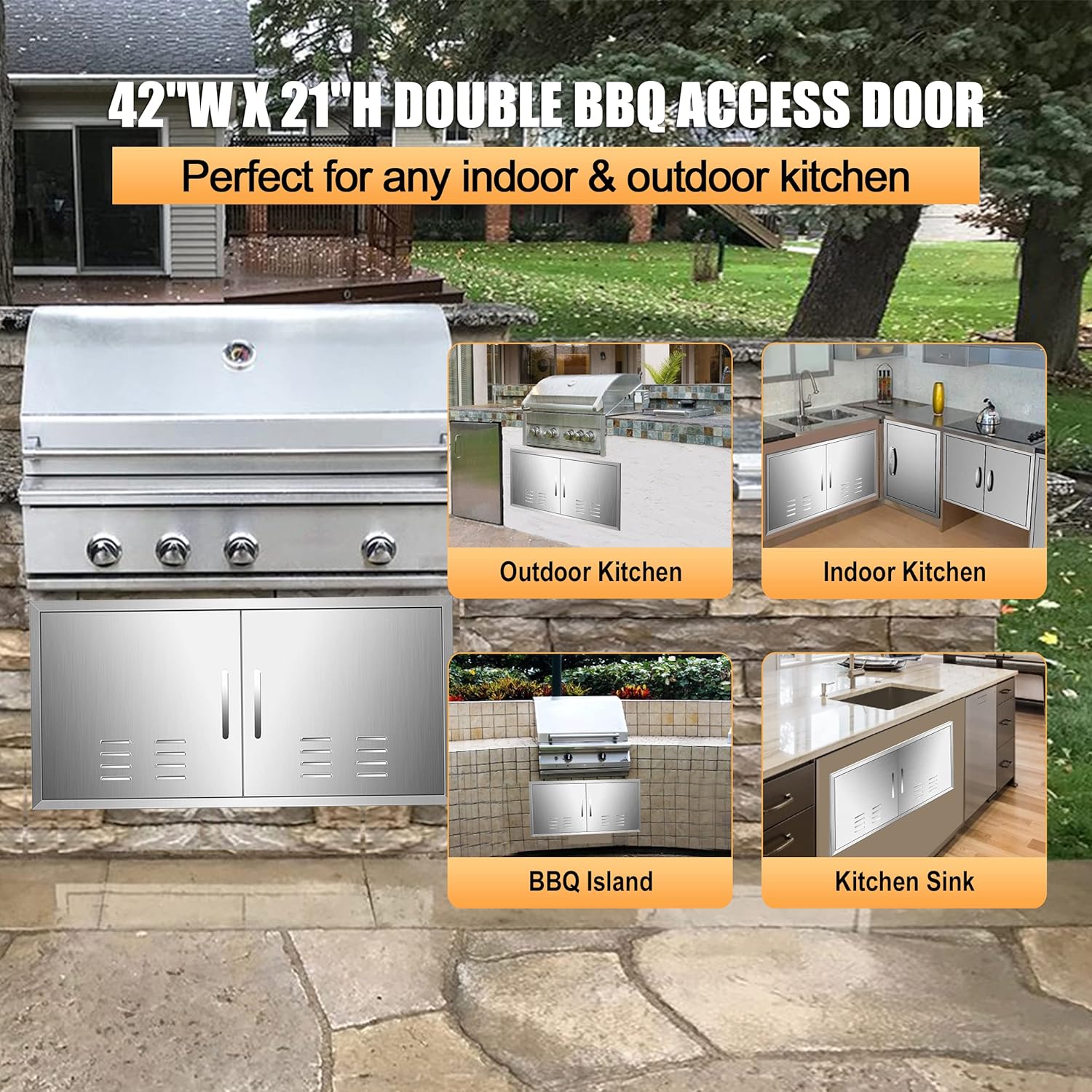 BBQ Access Double Doors 42''W X 21''H Flush Mount Stainless Steel Outdoor Kitchen Door with Vents for Outside Cabinets and BBQ Island
