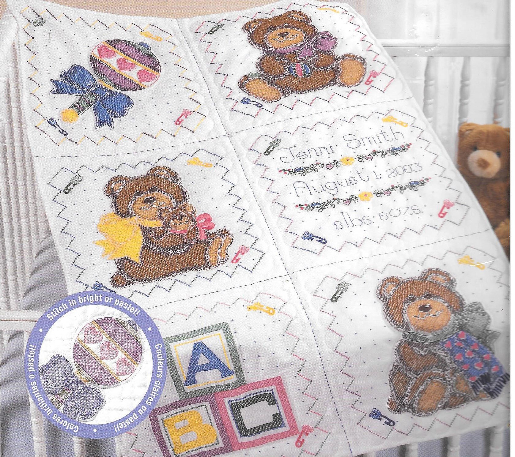 Bucilla Baby Quilt Block Teddy Bear Playtime Stamped Cross Stitch Kit