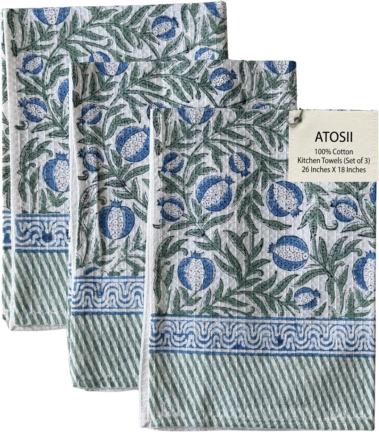 ATOSII 100% Cotton Hand Block Print Waffle Kitchen Towel, Set of 3, 18 x 26 Inches Ultra Absorbent Quick Dry Dish Towels, Lightweight Reusable Sustainable Tea Towels for Cleaning and Drying, Anar Blue