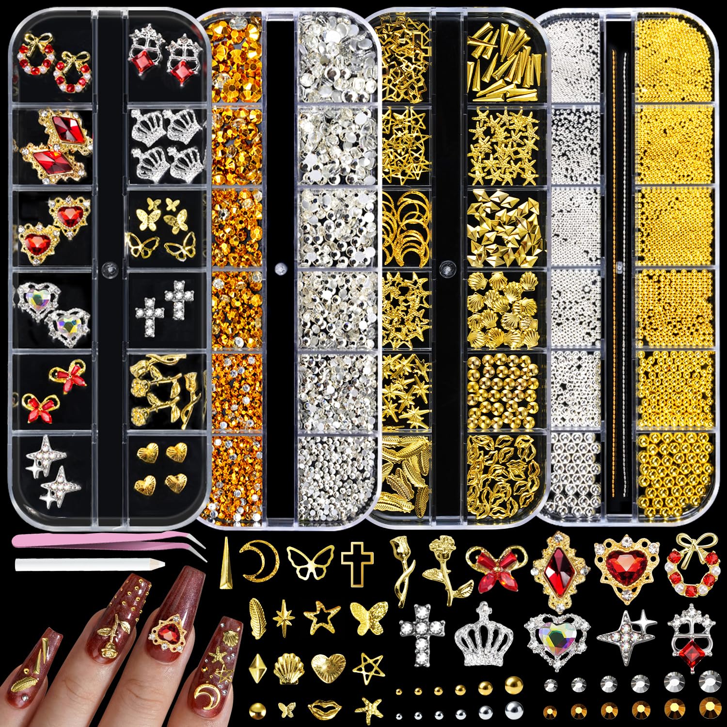 TsMADDTs Nail Charms and Gems Kit, 4 Boxes Gold Nail Charms, Gems, Flat Black Rhinestones and Beads with Manicure Tools, 3D Cross Charm Professional Art Design Tool for DIY Manicure at Home, Salon