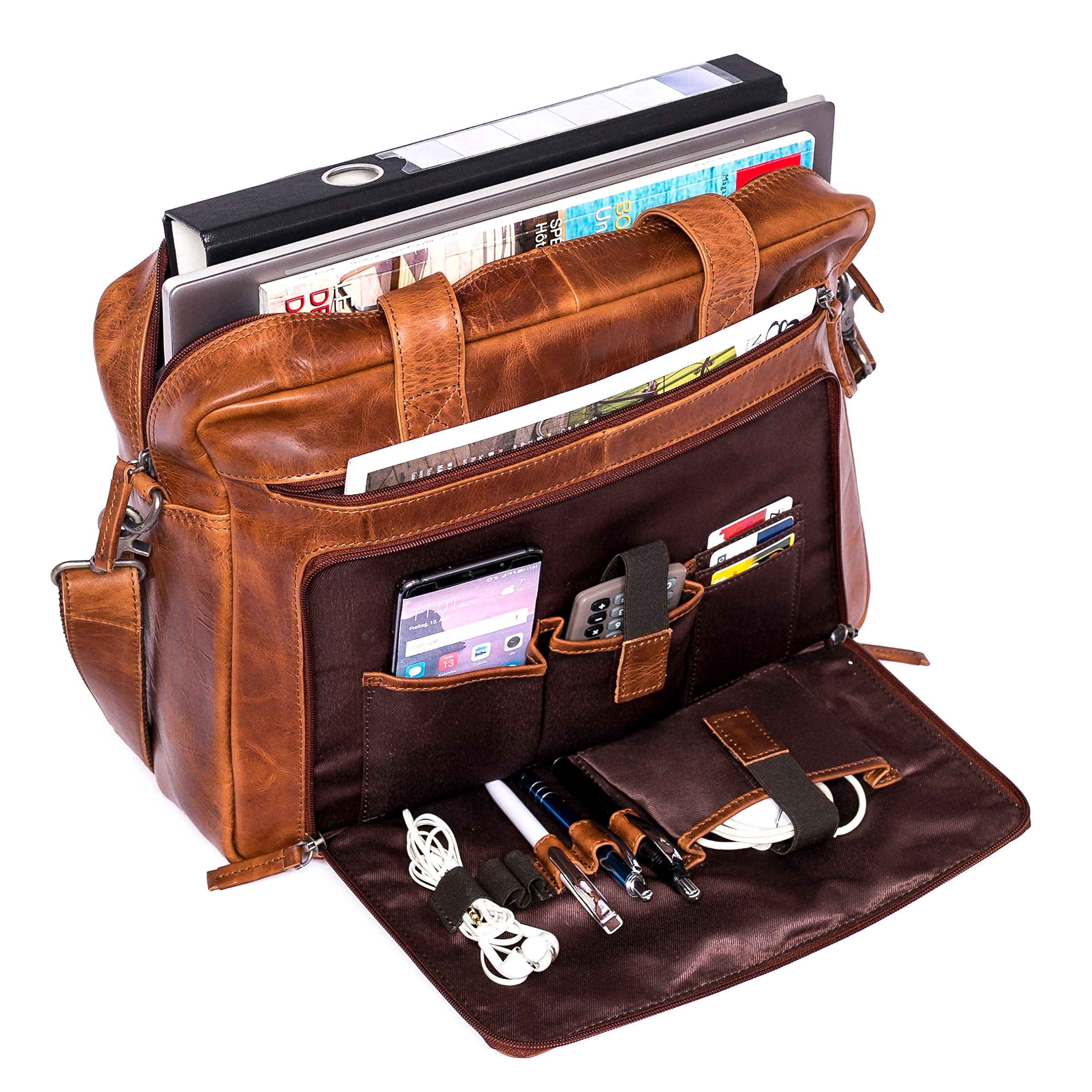 ALMADIH Leder Businesstasche Laptoptasche 15 Zoll Aktentasche Bruno tolle Aufteilung Leder Business Tasche Herren Damen Umhängetasche Unitasche Arbeitstasche Schultertasche Dokumententasche braun