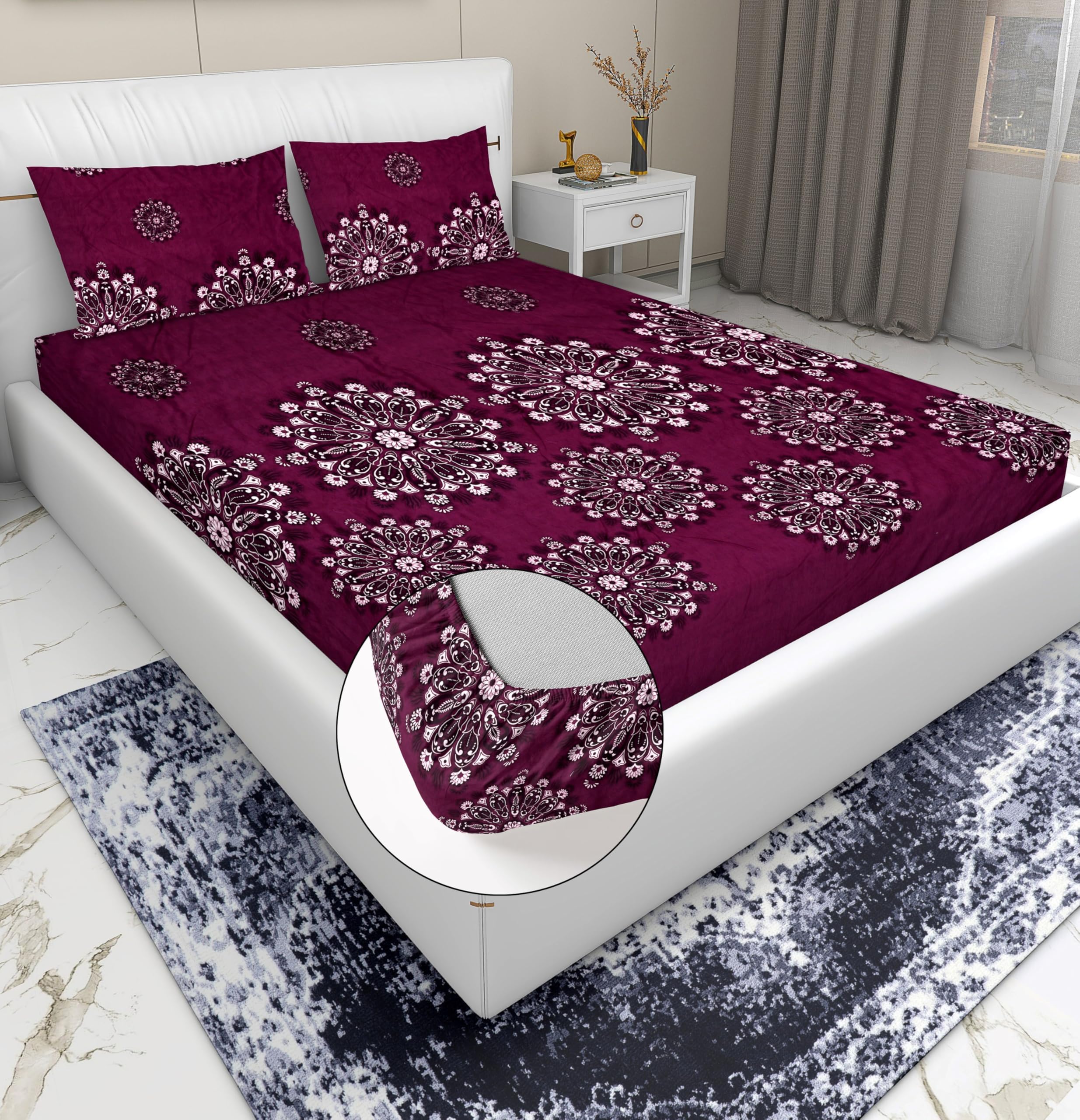 RD TREND Presents Luxurious Glace Cotton Super Soft 210 TC 360° Elastic Fitted Bedsheet King Size (78X72X8 Inch) with 2 Pillow Covers, Color- Wine,Pattern-Floral