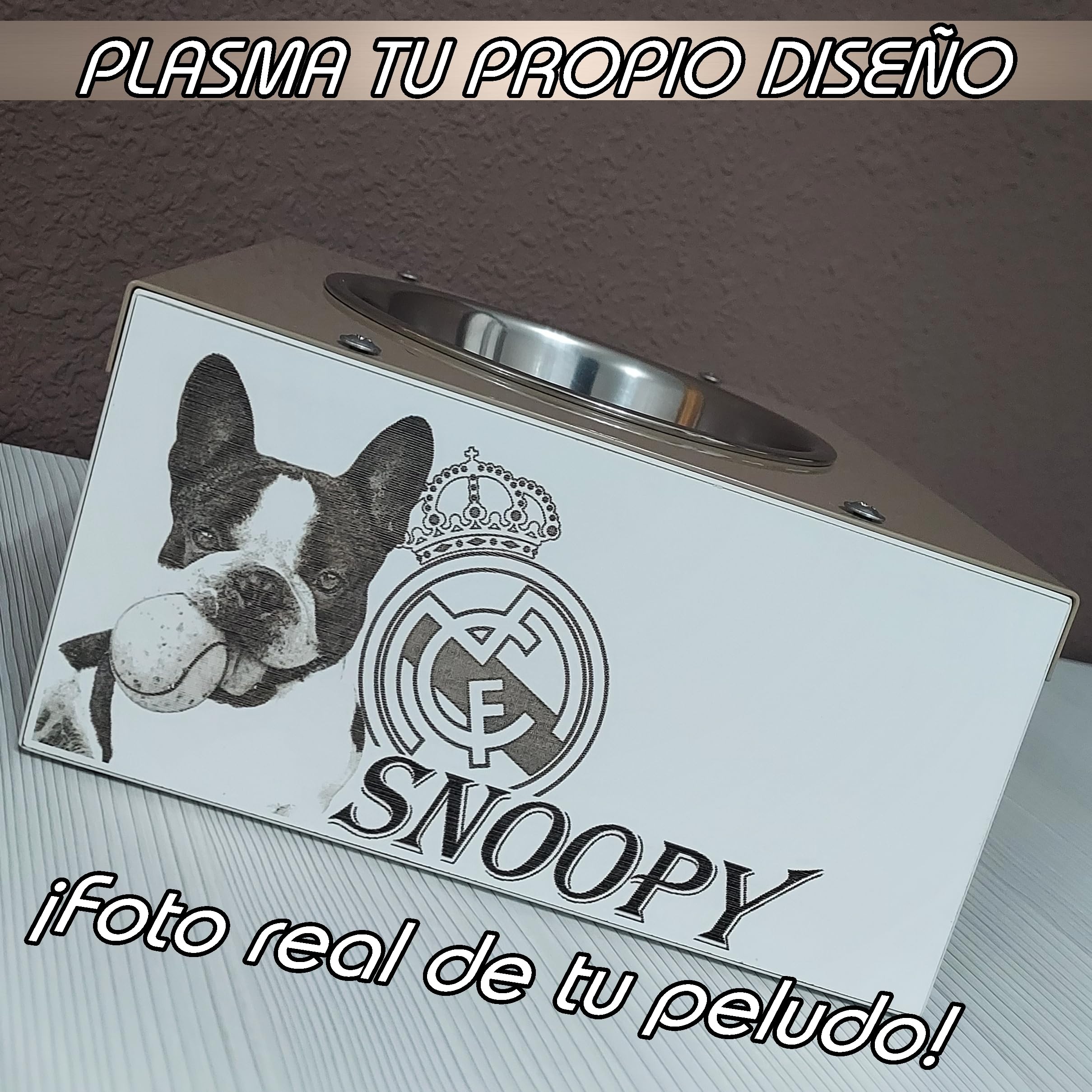 Comedero Elevado para Perros y Gatos, en Madera y Metal, Personalizado con Foto Real, Cuencos de 16 cm diámetro. Comedero de 1, 2, y 3 Cuencos. (2 Cuenco/10 cm Alto)