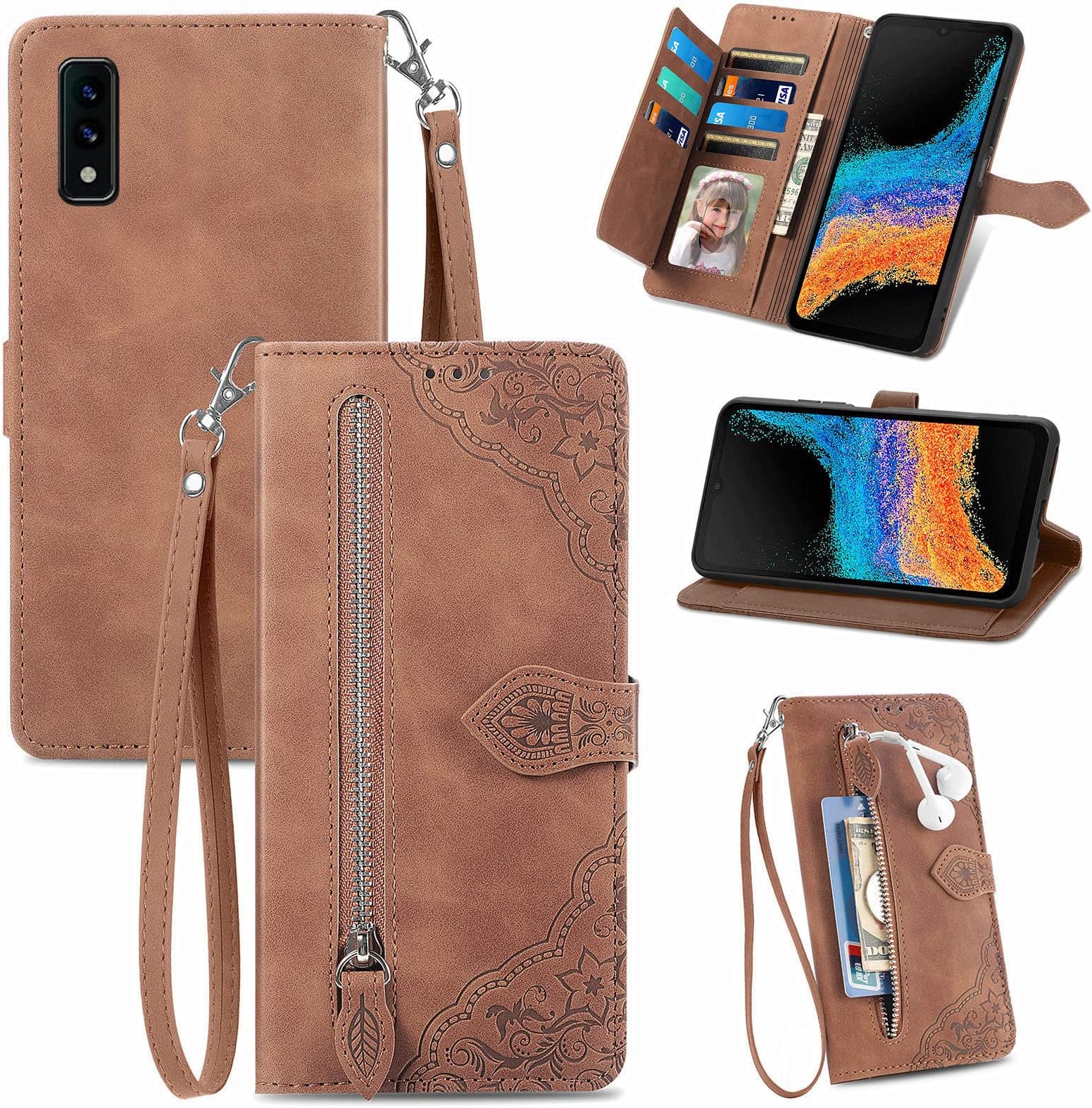 DAMONDY for Lively Smart Zipper Wallet Case with Strap,7 Card Holder Leather Flip Magnet with Money Pocket Full Body Protective Purse Cover for Women for Jitterbug Smart3 -Brown