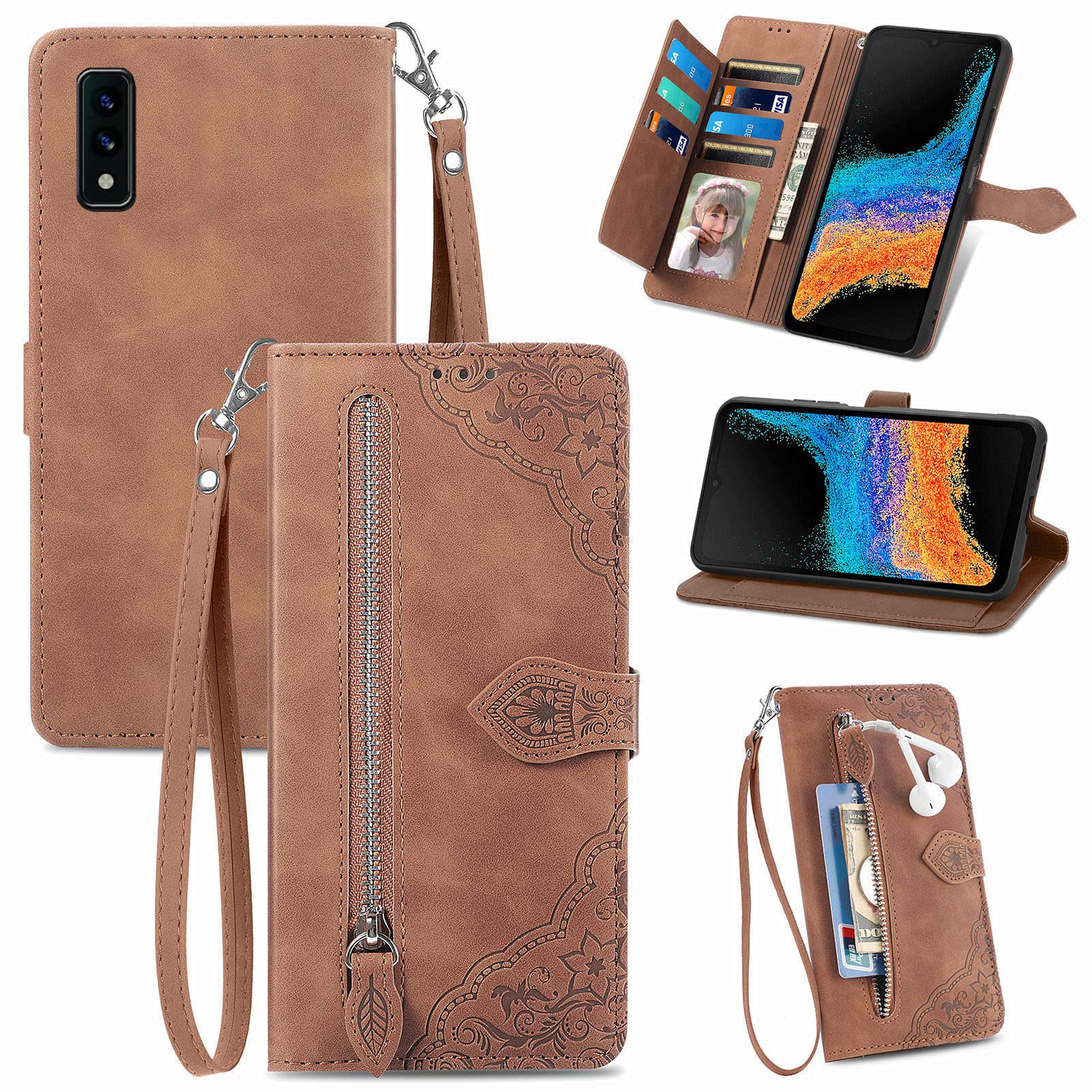 DAMONDY for Lively Smart Zipper Wallet Case with Strap,7 Card Holder Leather Flip Magnet with Money Pocket Full Body Protective Purse Cover for Women for Jitterbug Smart3 -Brown