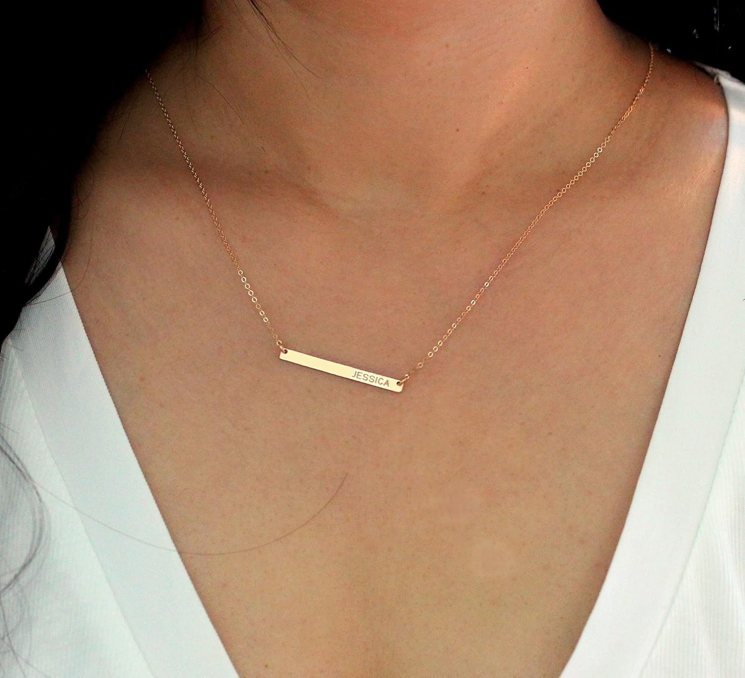 HotMixCold Personalized Long Skinny Bar Engraved Necklace, CZ Diamond Jewelry, Thin Name Plate Necklace, 14k Rose or Gold Fill, 925 Sterling Silver - Image 4