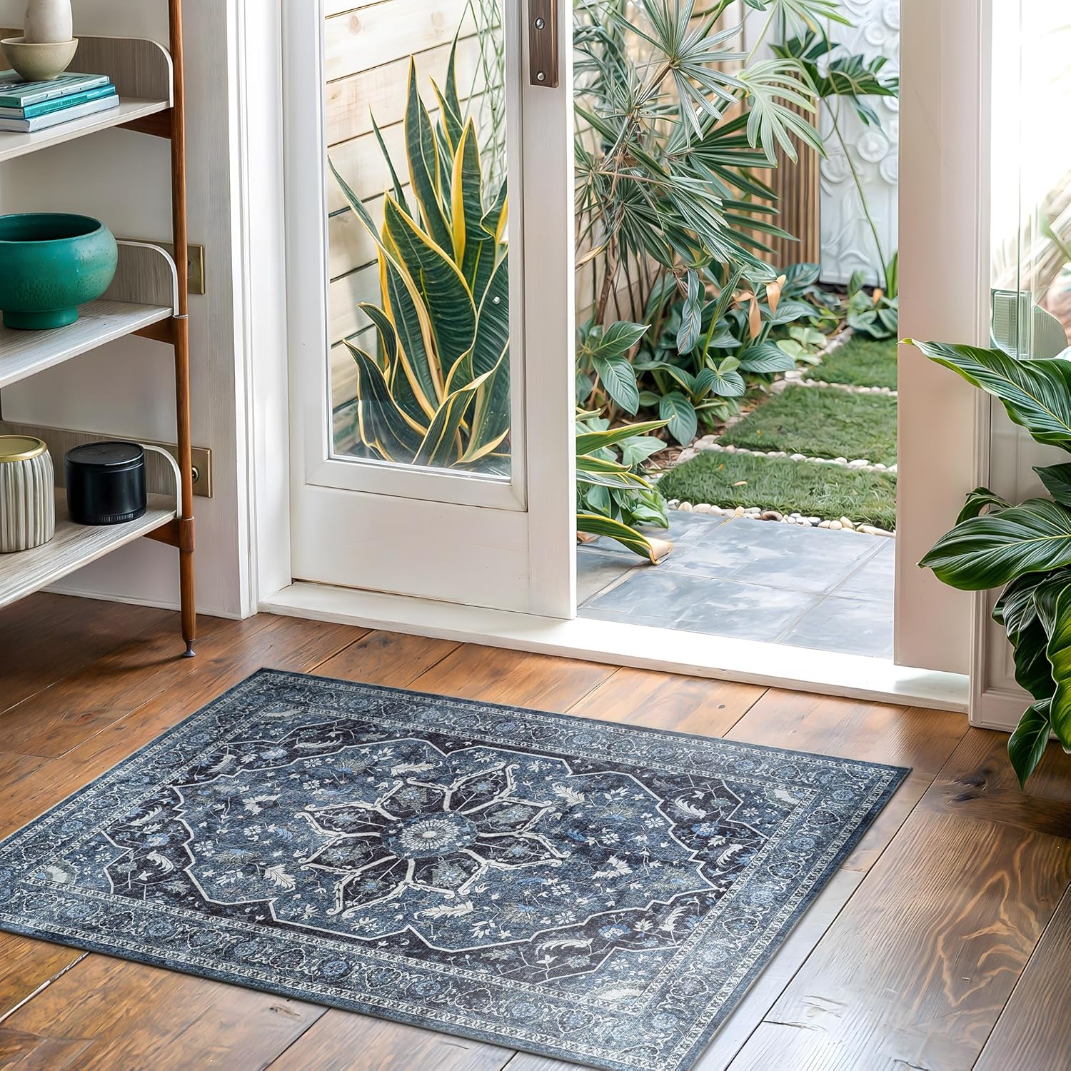 Bloom Rugs Washable Non-Slip 2x3 Rug - Blue/Charcoal Traditional Oriental Area Rug for Living Room, Bedroom, Dining Room, and Kitchen - Exact Size: 2' x 3'