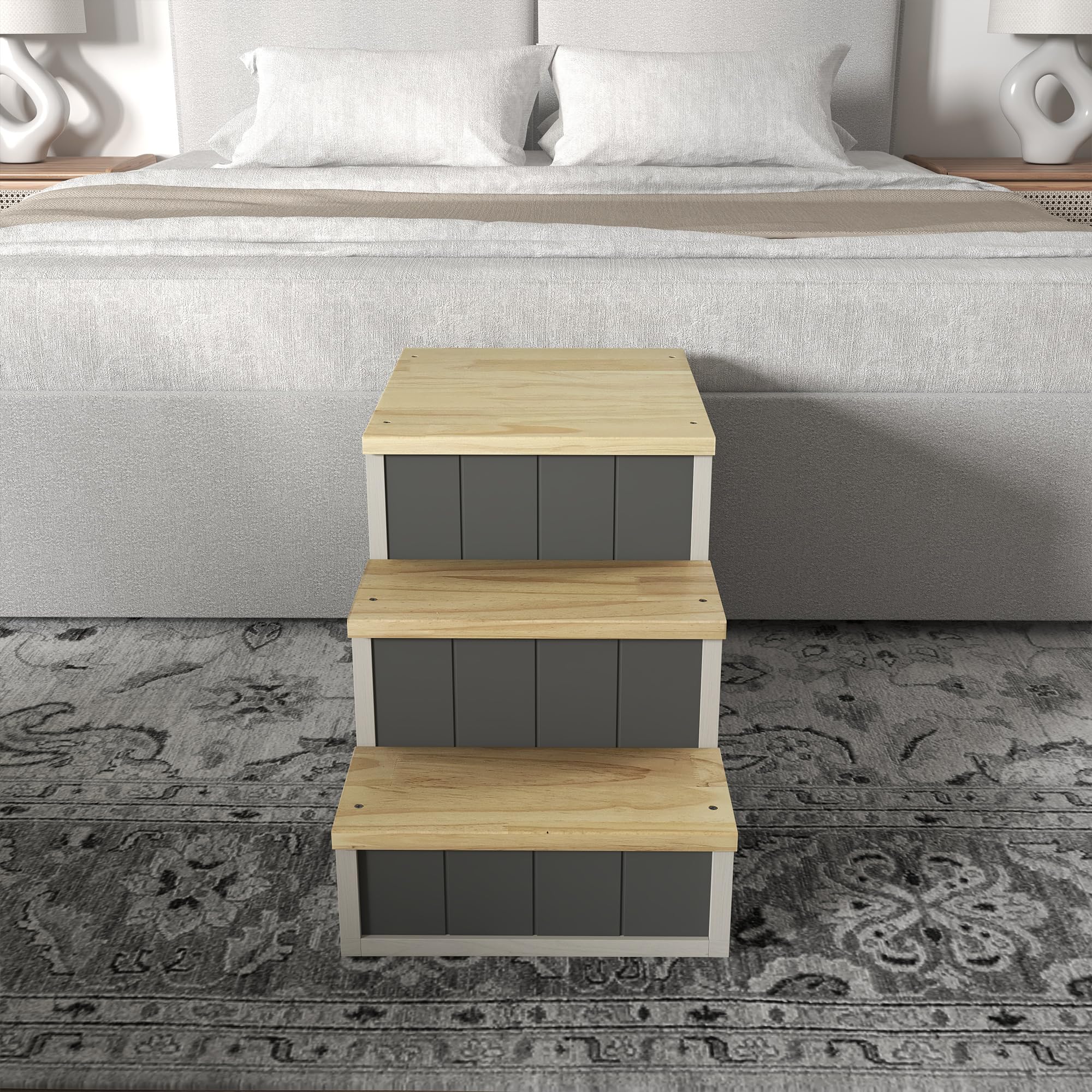 PawHut 2-in-1 Hundetreppe, Katzentreppe mit Höhle, Haustiertreppe mit 3 Stufen, Haustierrampe aus Holz, Katenleiter bis 8 kg Belastbar, für Sofa, Bett, Natur, Grau