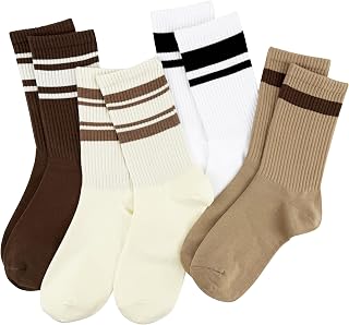 Womens Striped Crew Socks Cozy Casual Calf Socks 4 Pairs,Size 5-10