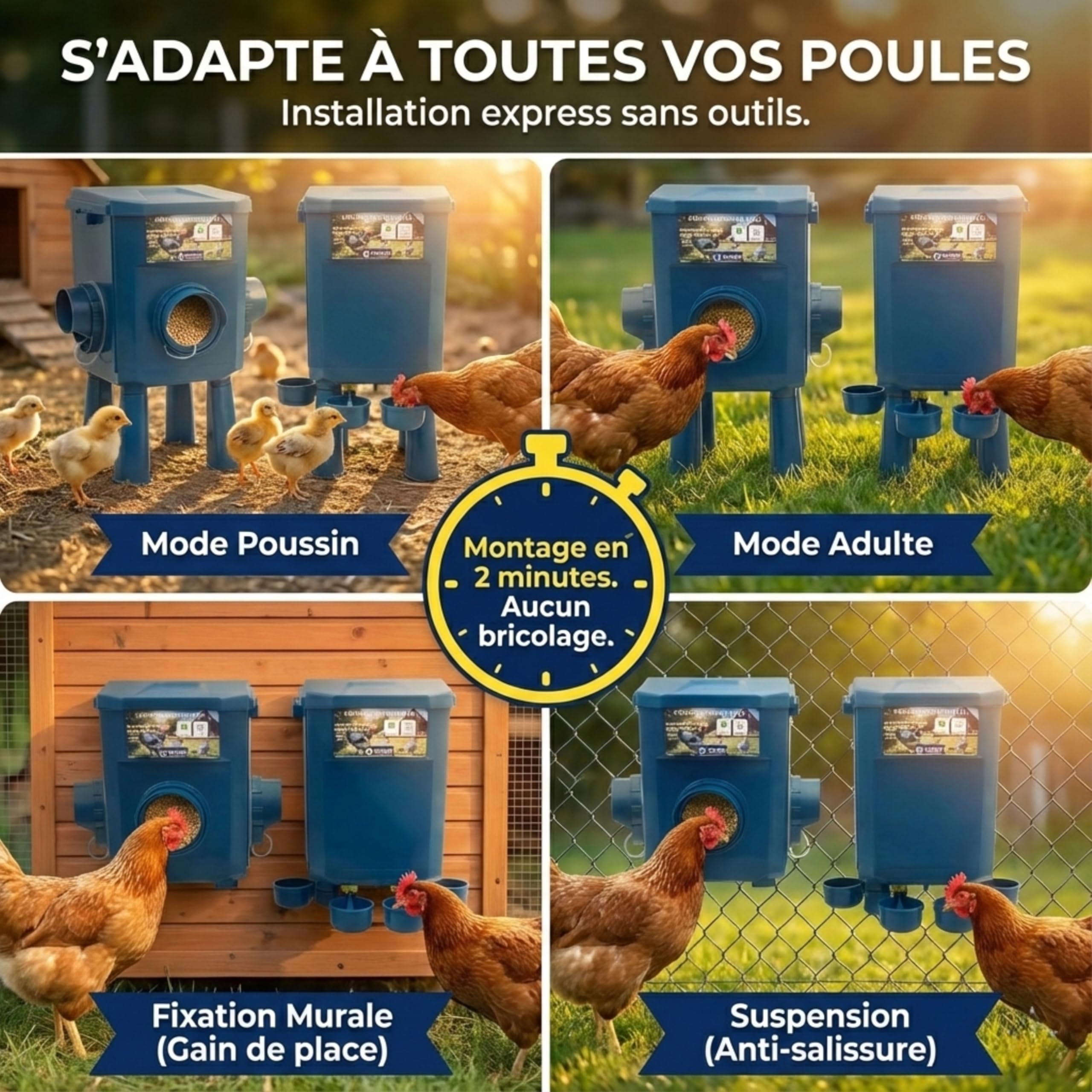 Kit Mangeoire et Abreuvoir Poules 12KG/11L Anti-Nuisibles Valve Automatique Anti-Cyanobactéries, Ideal Microfermes et Élevages Amateurs, Autonomie Longue Durée, Réduit Rechargement, Matériaux Durables