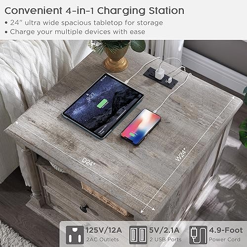 Miniatura 9 de T4TREAM Mesa auxiliar de granja de 24 pulgadas con 4 pies de madera maciza, mesa auxiliar grande con 2 cajones de ancho para sofá con estación de