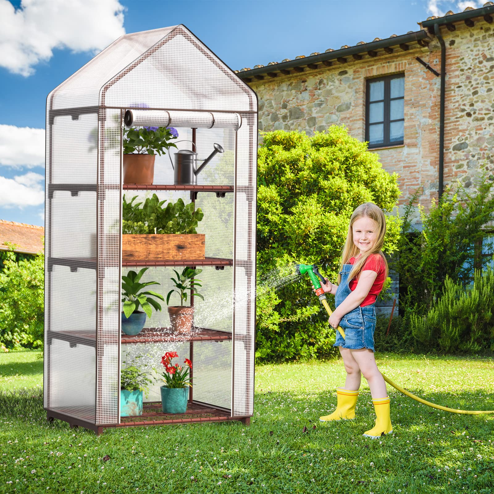 UDPATIO Invernadero Con 4 Niveles, Pequeño Invernadero Con Estantes, Puerta Enrollable, 4 Ruedas Y 4 Ganchos Para Tierra, 171x70x50 Cm, Ahorro De Espacio, Para Balcón, Habitación, Jardín
