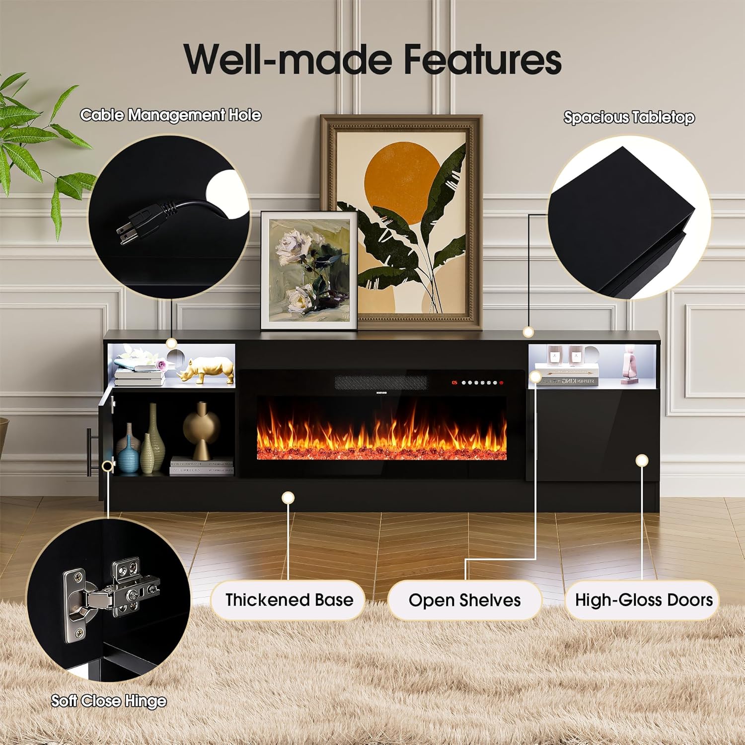 AHB Fireplace TV Stand, LED Light Entertainment Center with 36 Electric Fireplace, Storage Cabinet and Door Handles, Media Console Table for TVs Up to 80 Inches for Living Room, 70 Inches (Black)