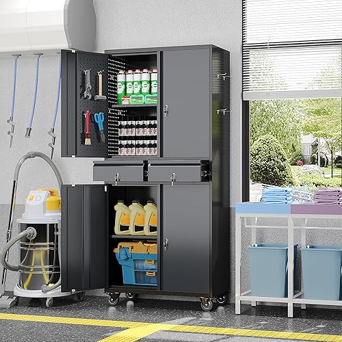 Miniatura 9 de SUXXAN Armario de almacenamiento de metal alto para garaje con rueda y asa para garaje en el hogarestantes ajustables, con cerradura, refuerzo y