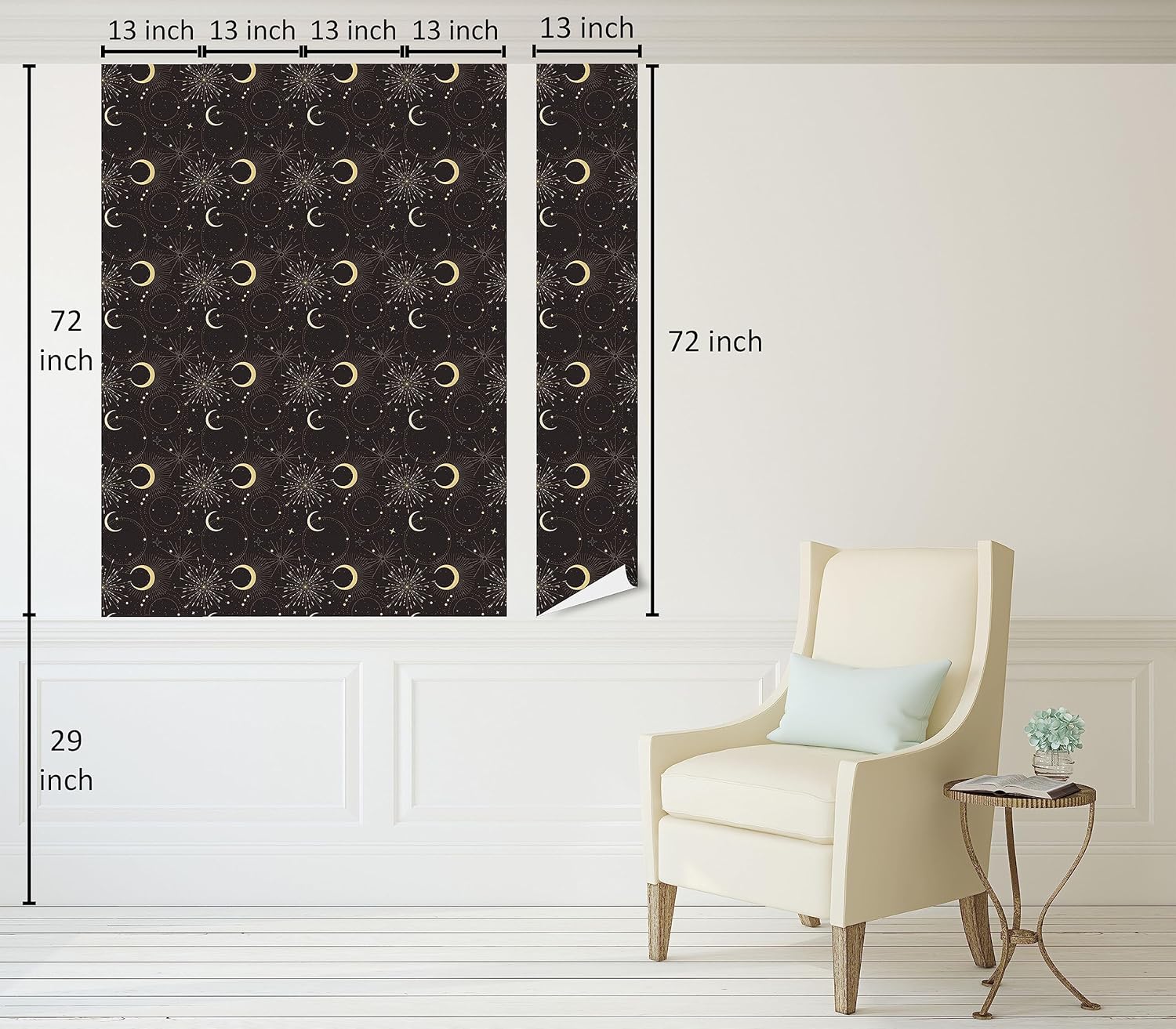 Ambesonne Celestial Peel & Stick Wallpaper for Home, Outer Space Inspired Moon and Orbit Pattern with Retro Mystic Aura, Self-Adhesive Living Room Kitchen Accent, 13" x 72", Charcoal Grey Pale Yellow