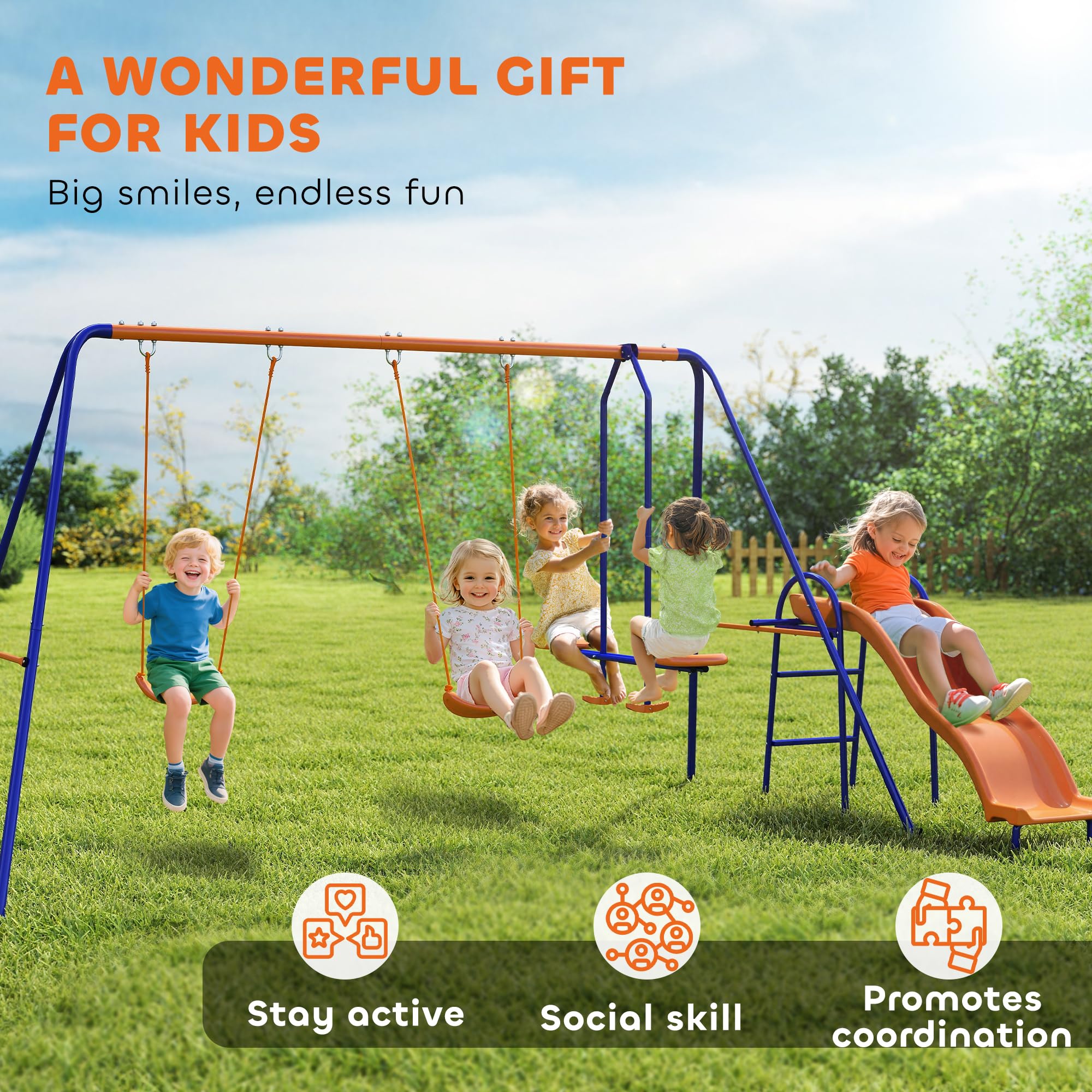 Outsunny Columpio Infantil 4 en 1 Columpio para Niños con 2 Columpios Individuales 1 Columpio del Planeador 1 Tobogán Cuerda Ajustable y Anti-UV para Exterior Carga 225 kg Multicolor