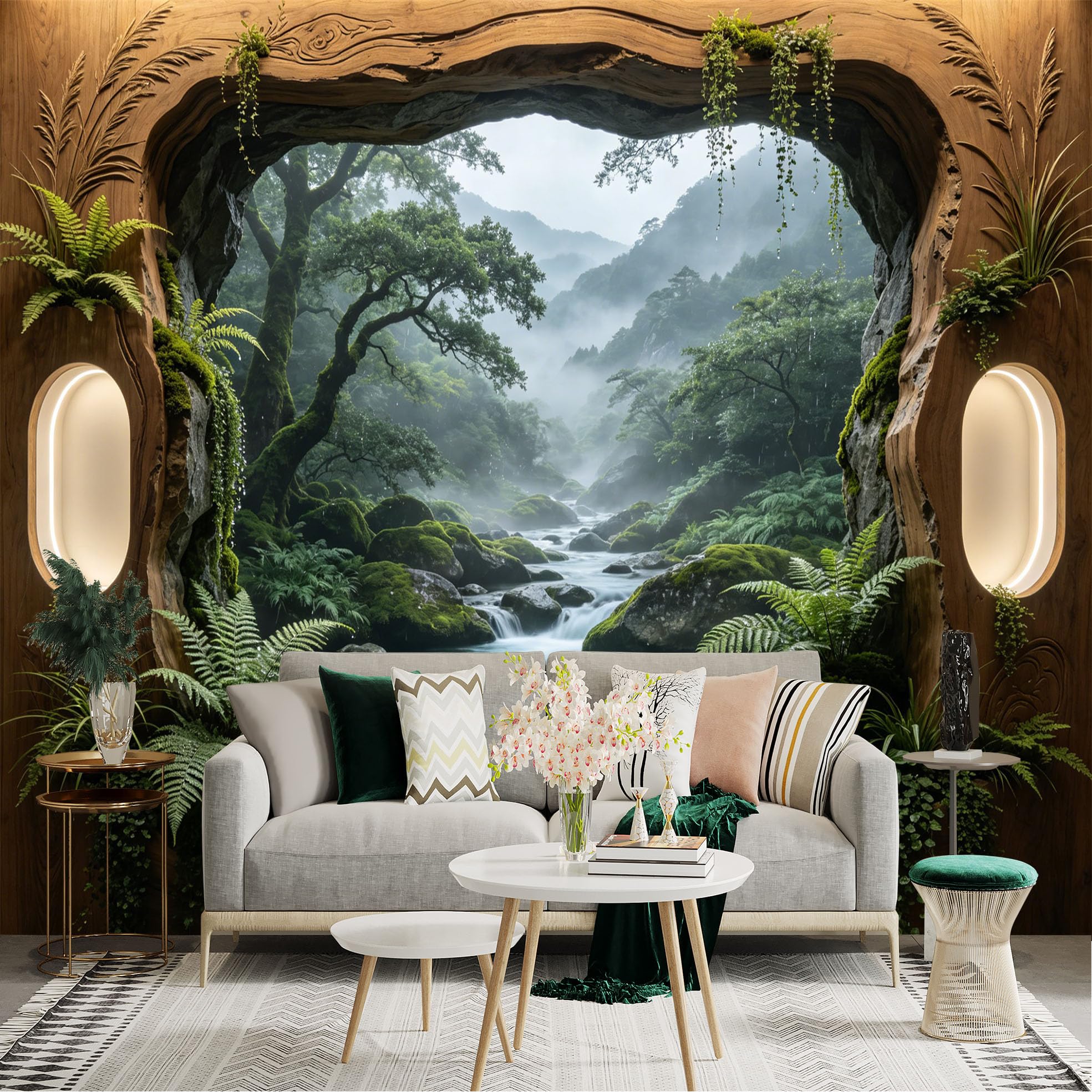 Custom Size Wall Sticker Mural， Misty Forest River with Mossy Rocks and Wooden Frame， for wall Decoration， peelandstick wall Decals.